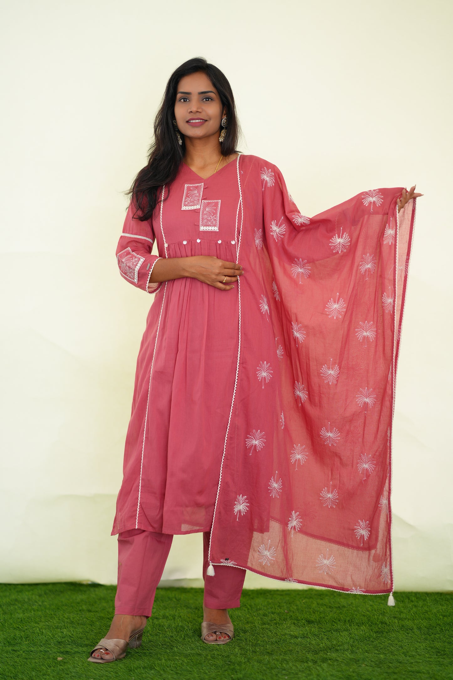 Pink Viscose Fabric Party Wear 3 Piece set With Lining and Embroidery work