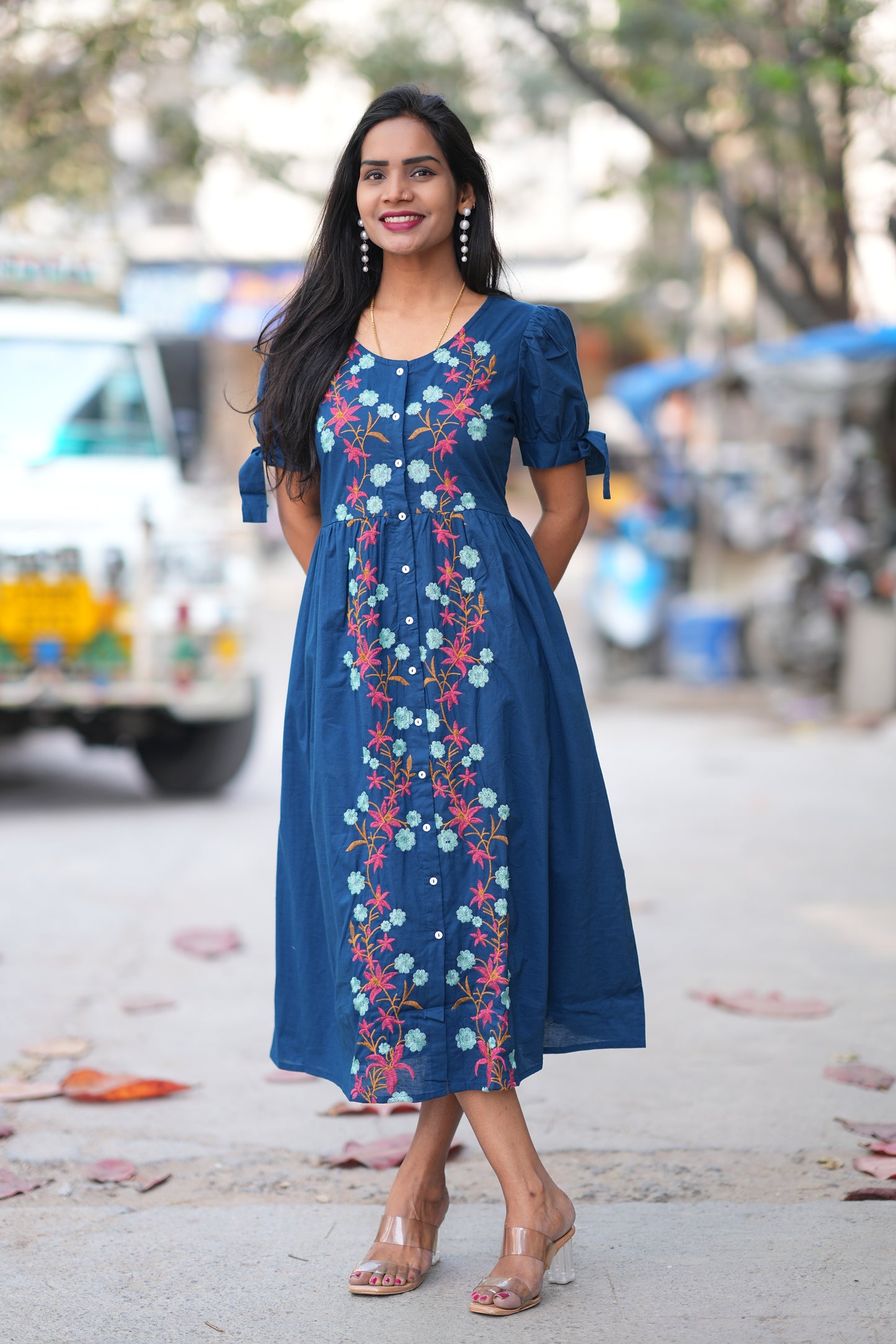 Navy Blue Color Jaipur Cotton Designer Wear Frock With Embriodary Work