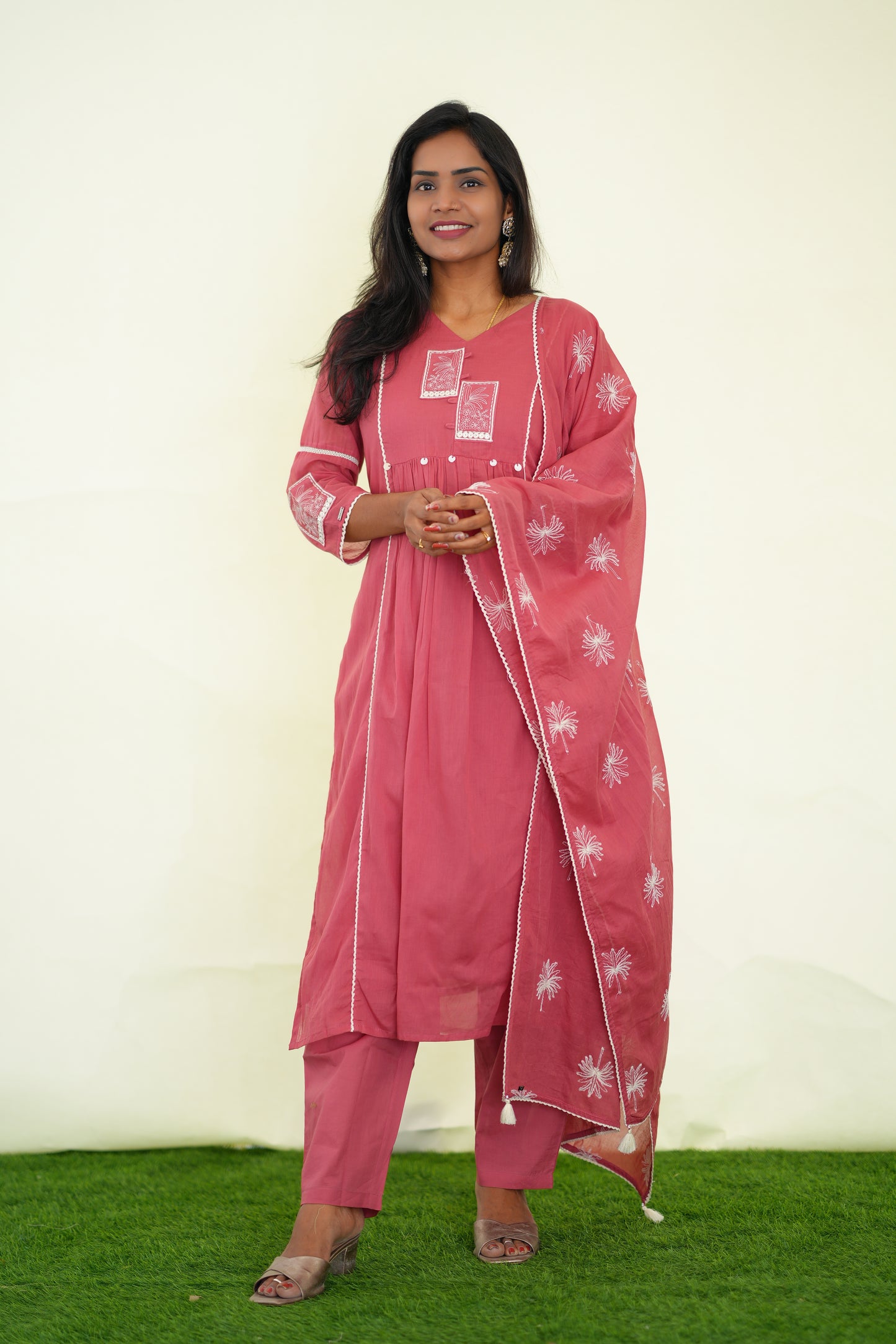 Pink Viscose Fabric Party Wear 3 Piece set With Lining and Embroidery work