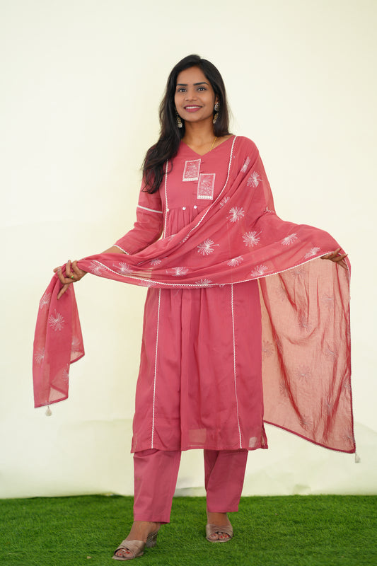 Pink Viscose Fabric Party Wear 3 Piece set With Lining and Embroidery work