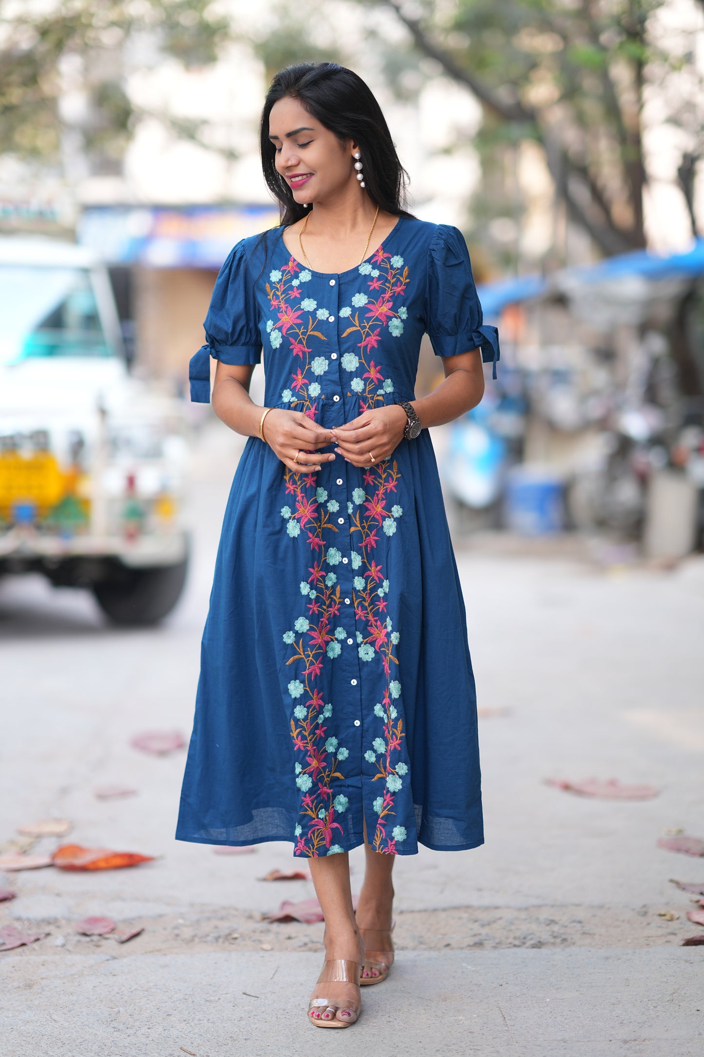 Navy Blue Color Jaipur Cotton Designer Wear Frock With Embriodary Work