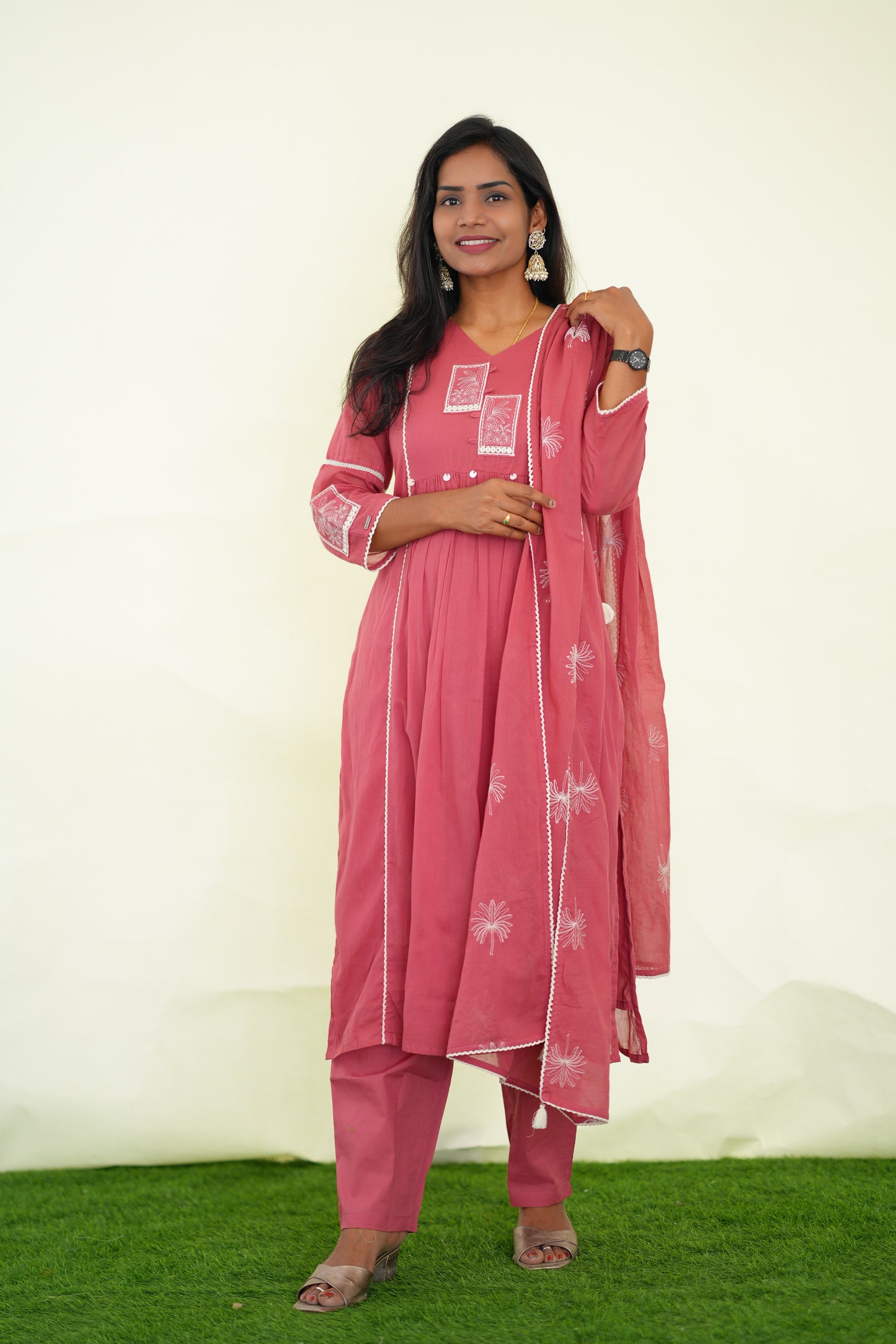 Pink Viscose Fabric Party Wear 3 Piece set With Lining and Embroidery work