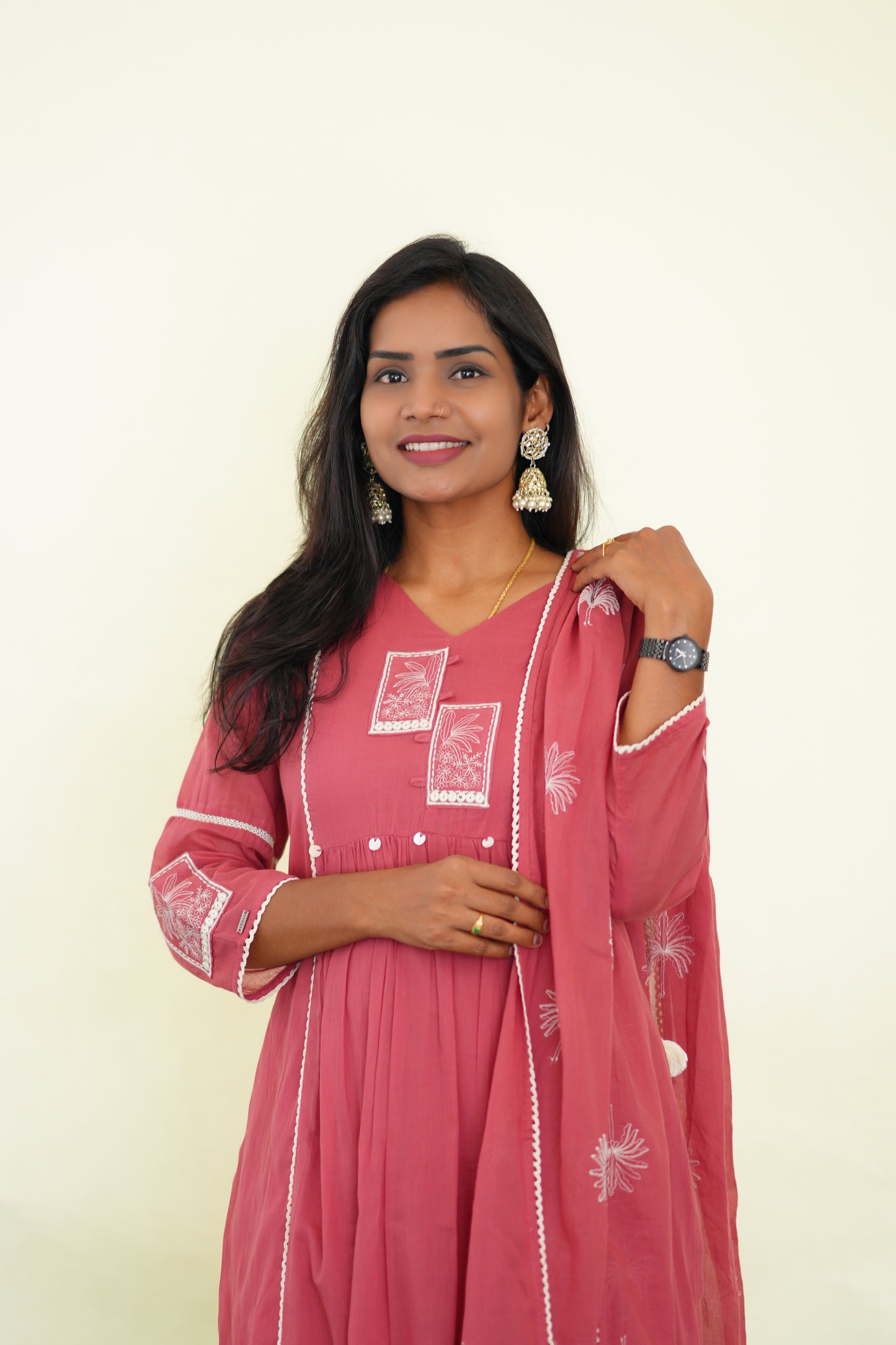 Pink Viscose Fabric Party Wear 3 Piece set With Lining and Embroidery work