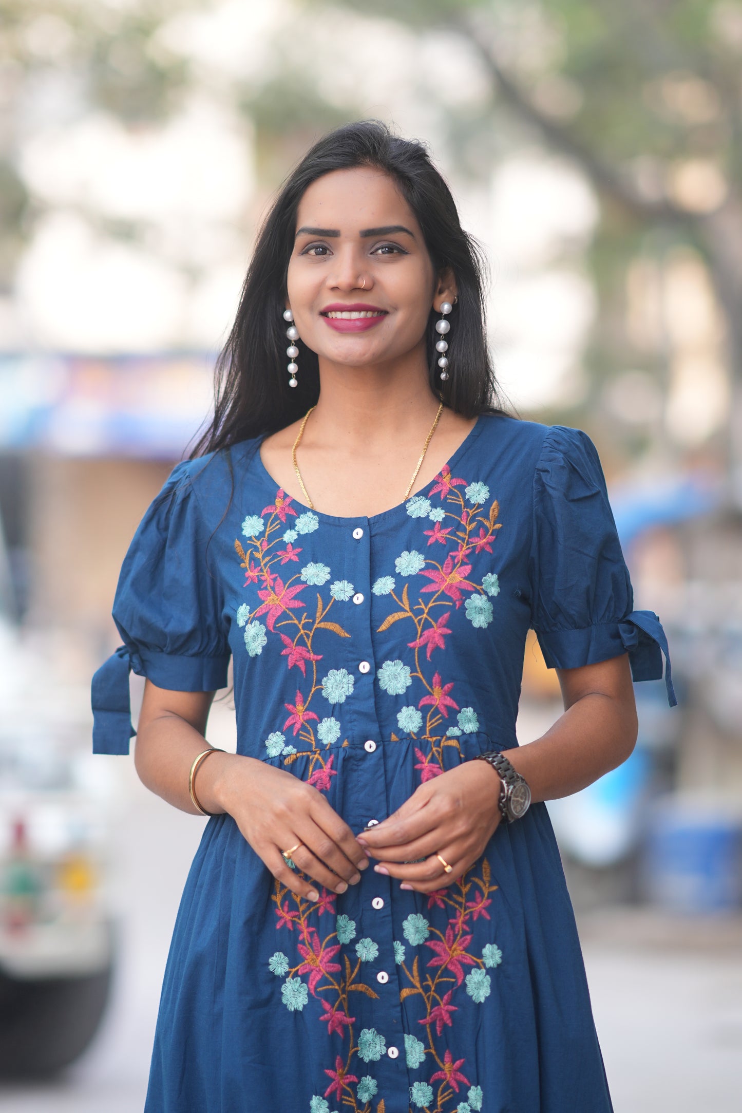 Navy Blue Color Jaipur Cotton Designer Wear Frock With Embriodary Work