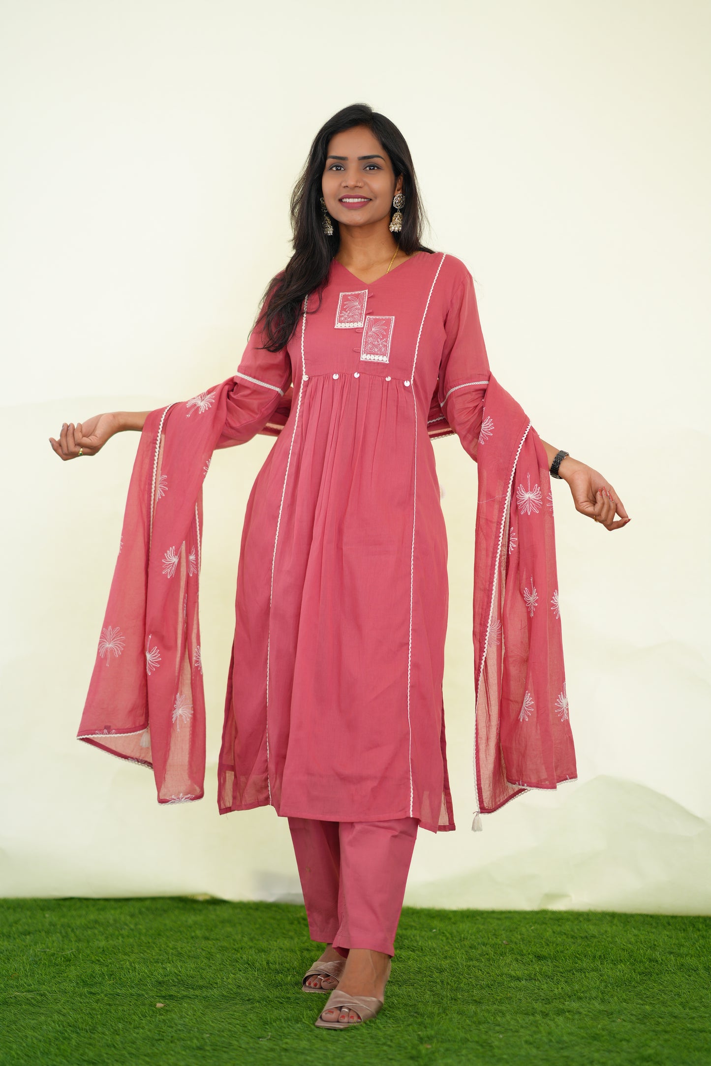 Pink Viscose Fabric Party Wear 3 Piece set With Lining and Embroidery work