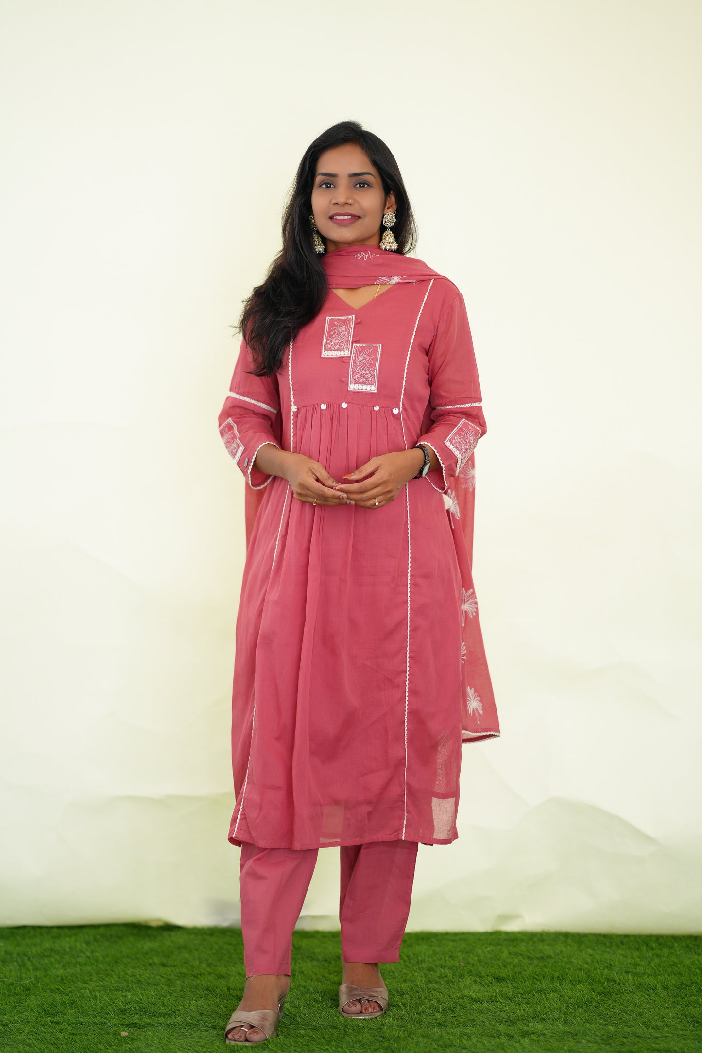 Pink Viscose Fabric Party Wear 3 Piece set With Lining and Embroidery work