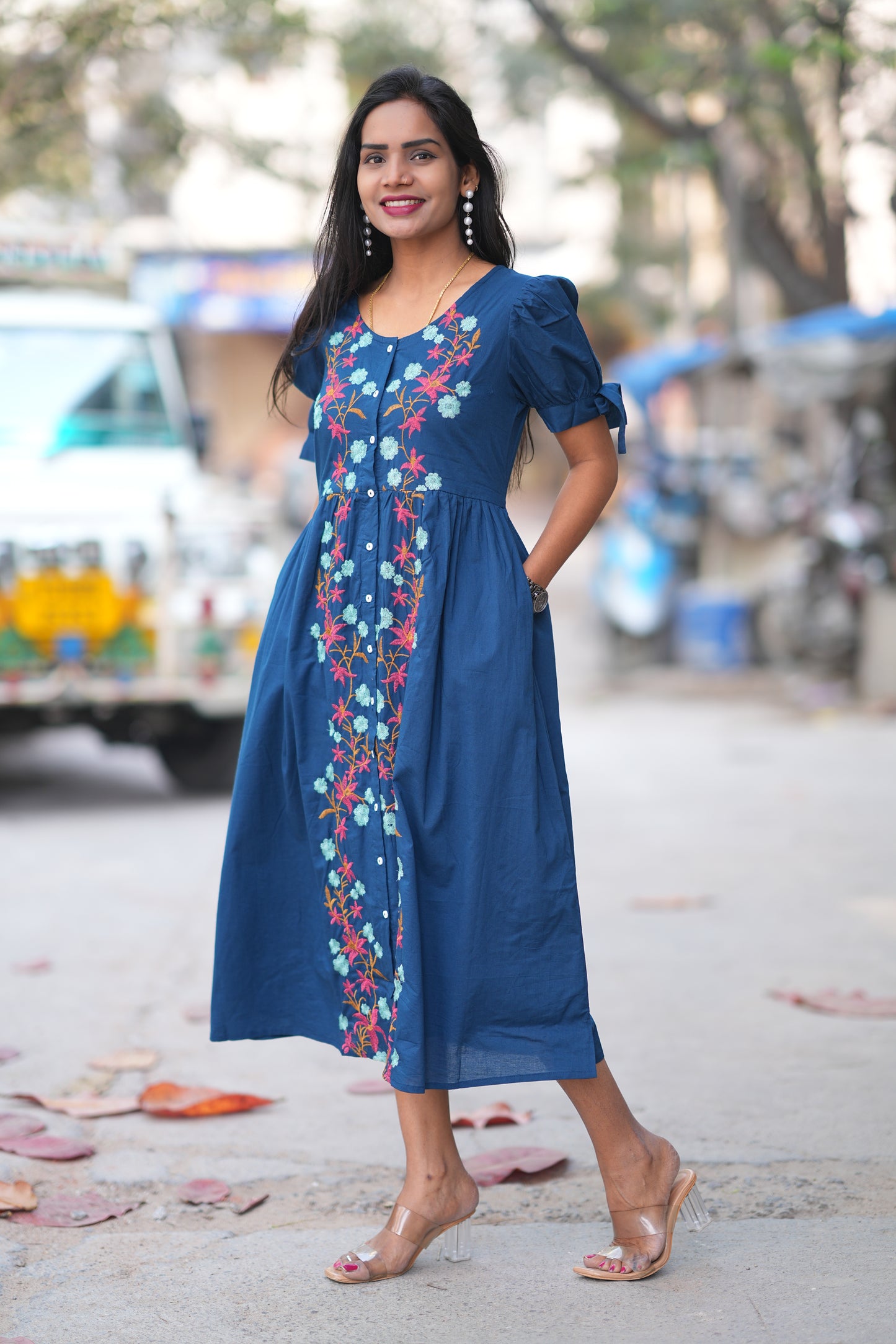 Navy Blue Color Jaipur Cotton Designer Wear Frock With Embriodary Work