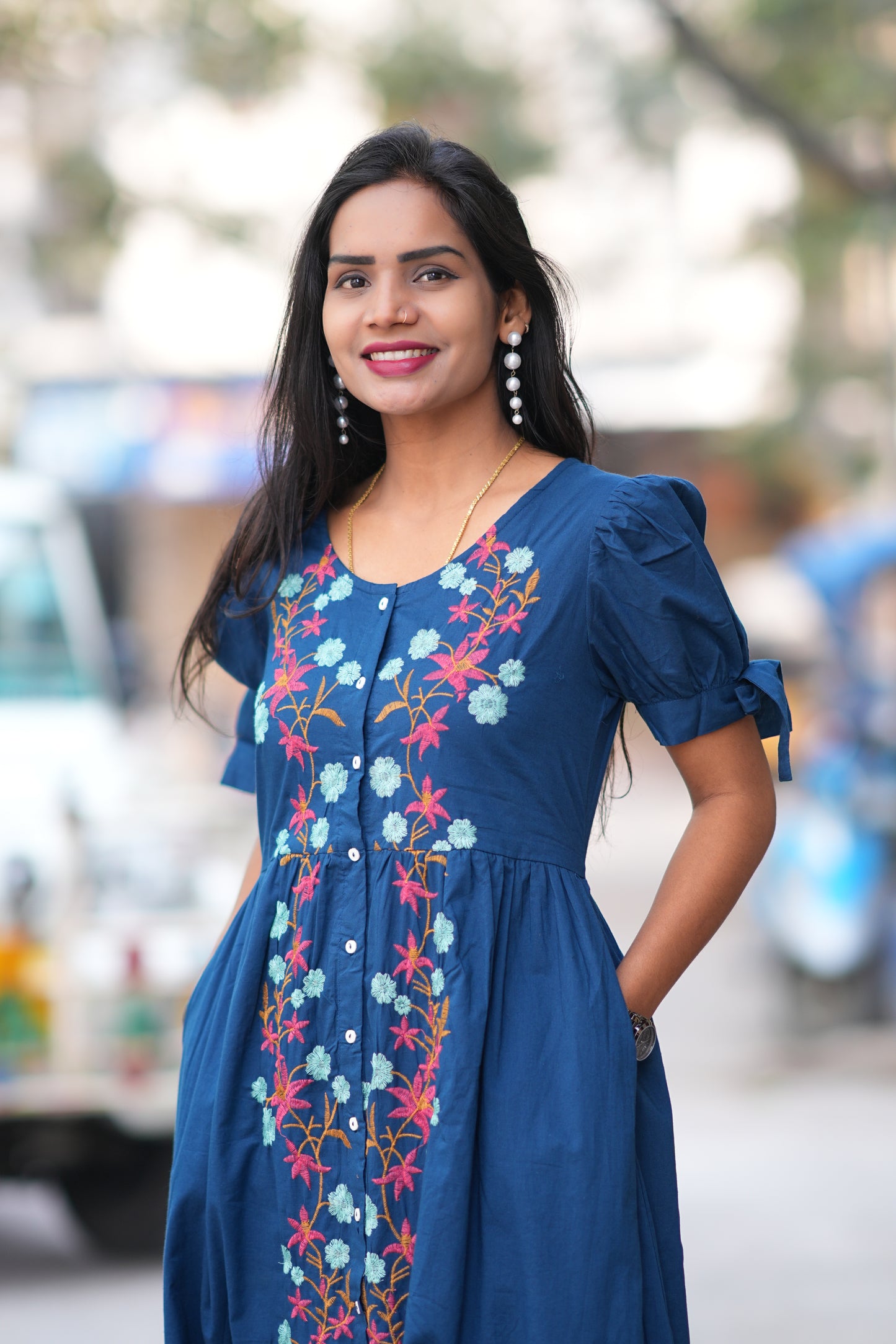 Navy Blue Color Jaipur Cotton Designer Wear Frock With Embriodary Work