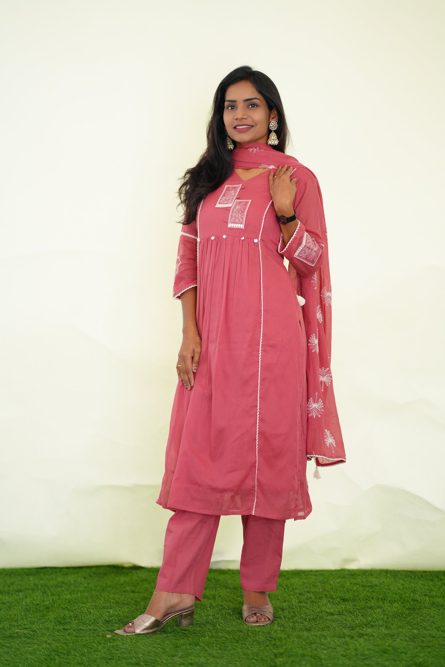 Pink Viscose Fabric Party Wear 3 Piece set With Lining and Embroidery work