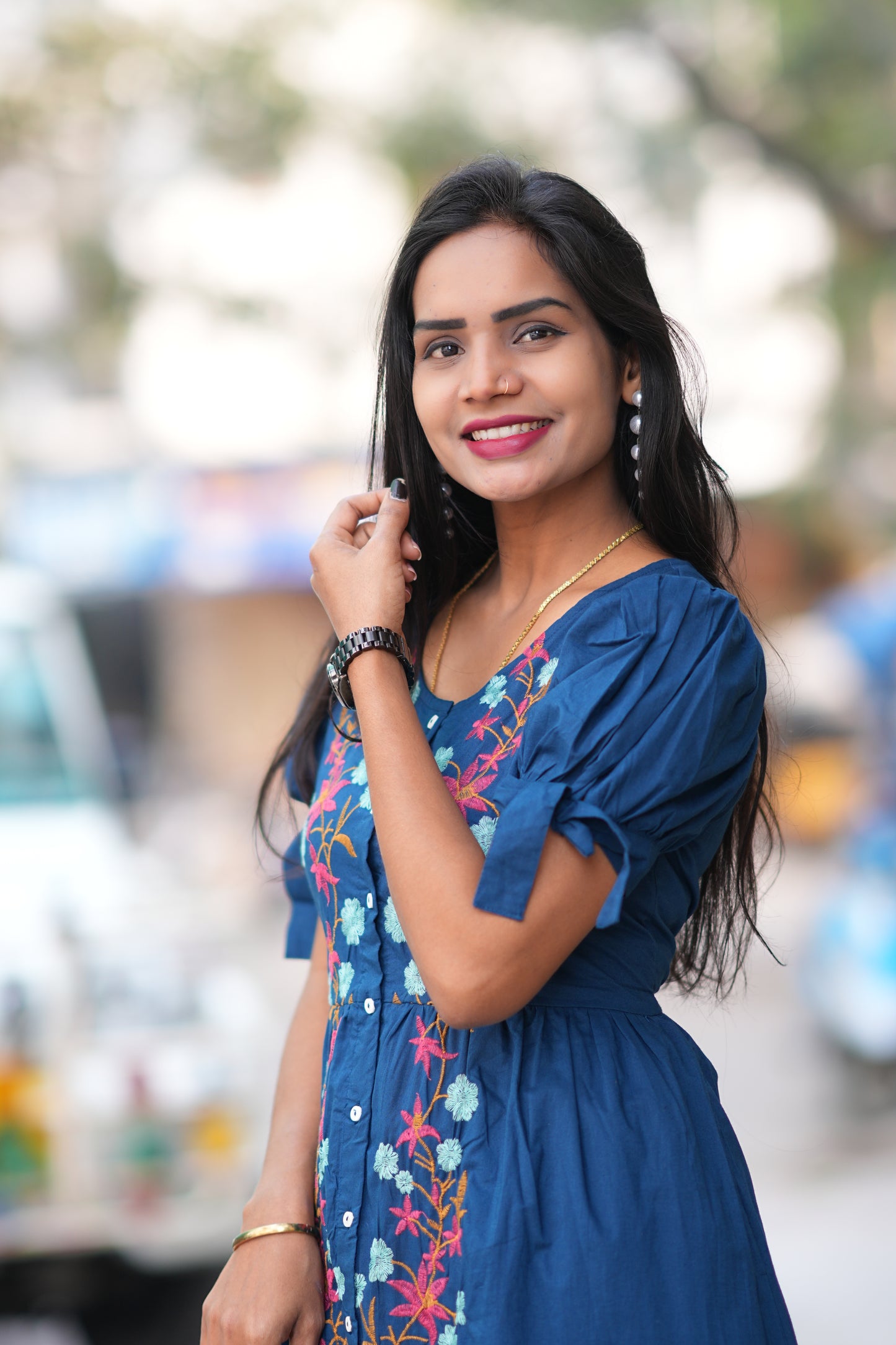 Navy Blue Color Jaipur Cotton Designer Wear Frock With Embriodary Work