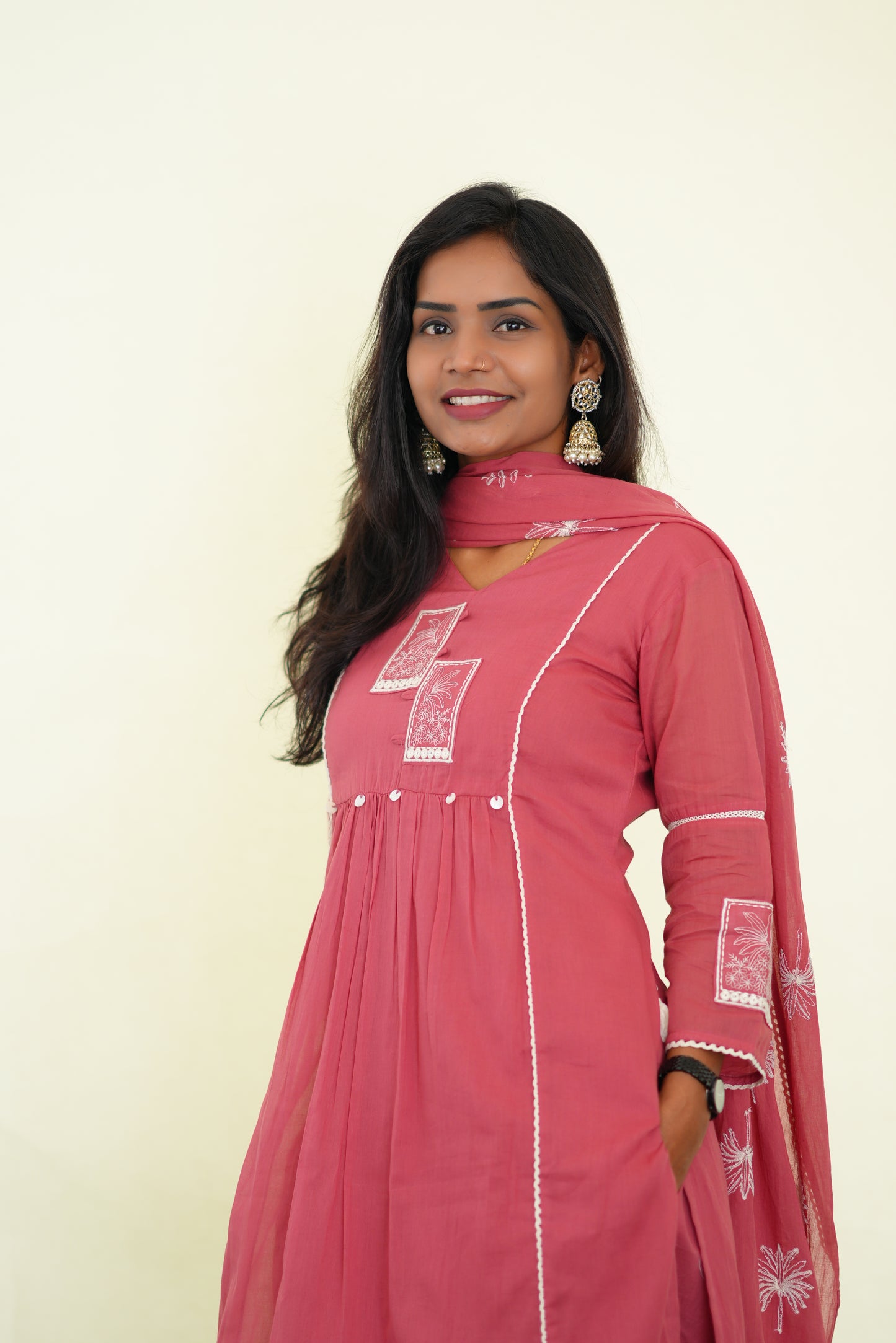 Pink Viscose Fabric Party Wear 3 Piece set With Lining and Embroidery work