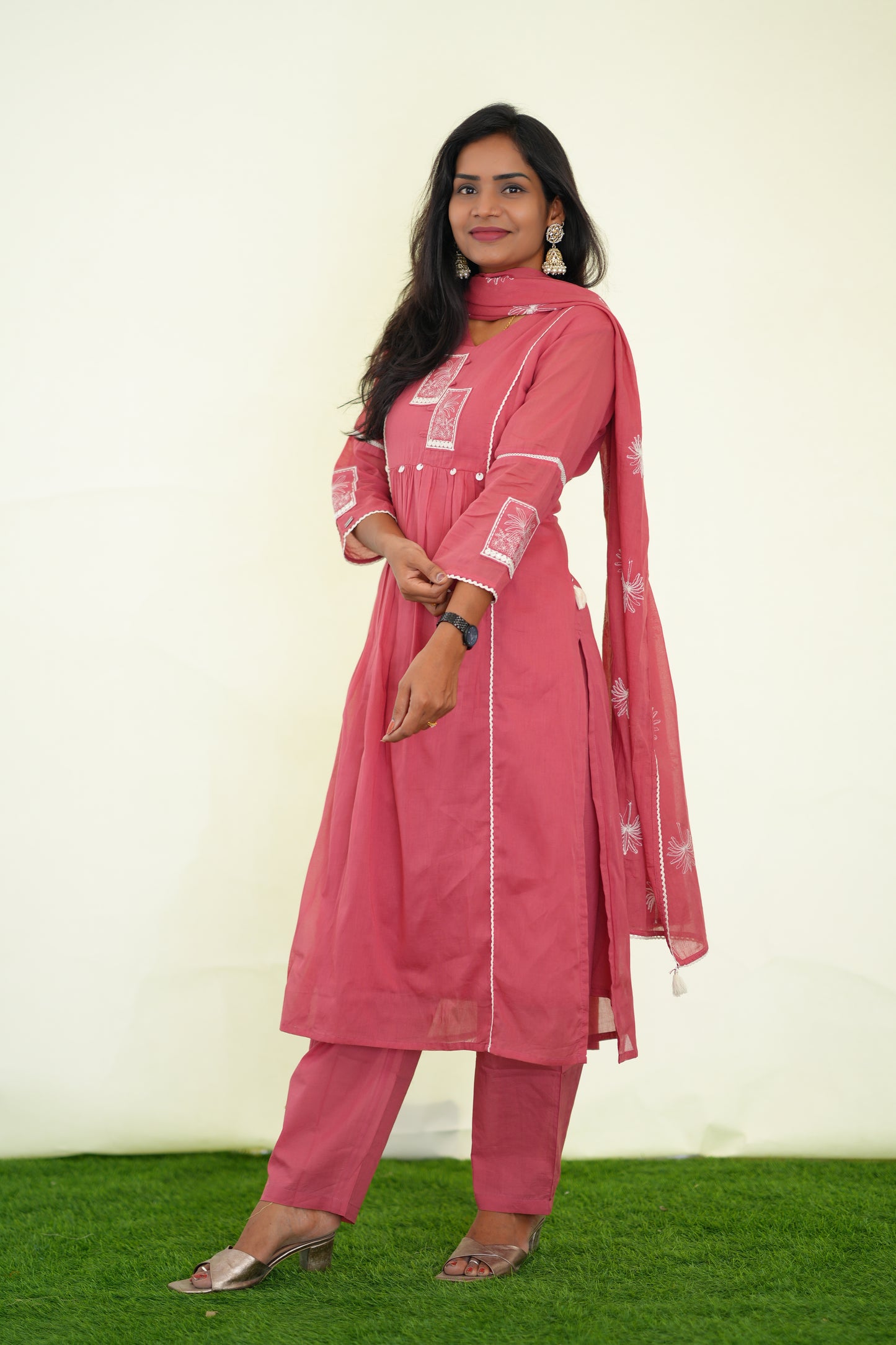 Pink Viscose Fabric Party Wear 3 Piece set With Lining and Embroidery work