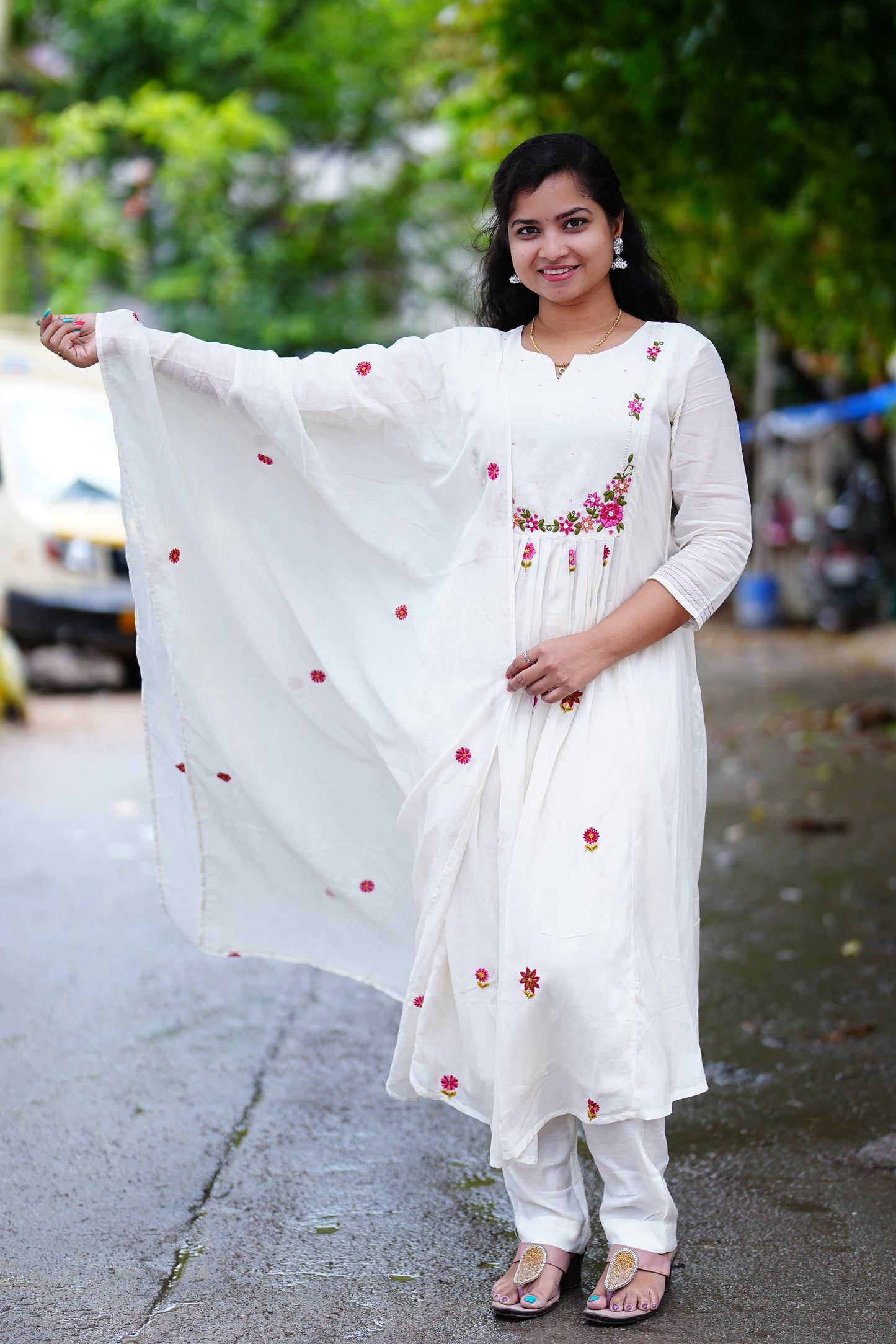 White Color Pure Mul Chandheri 3 Piece Set