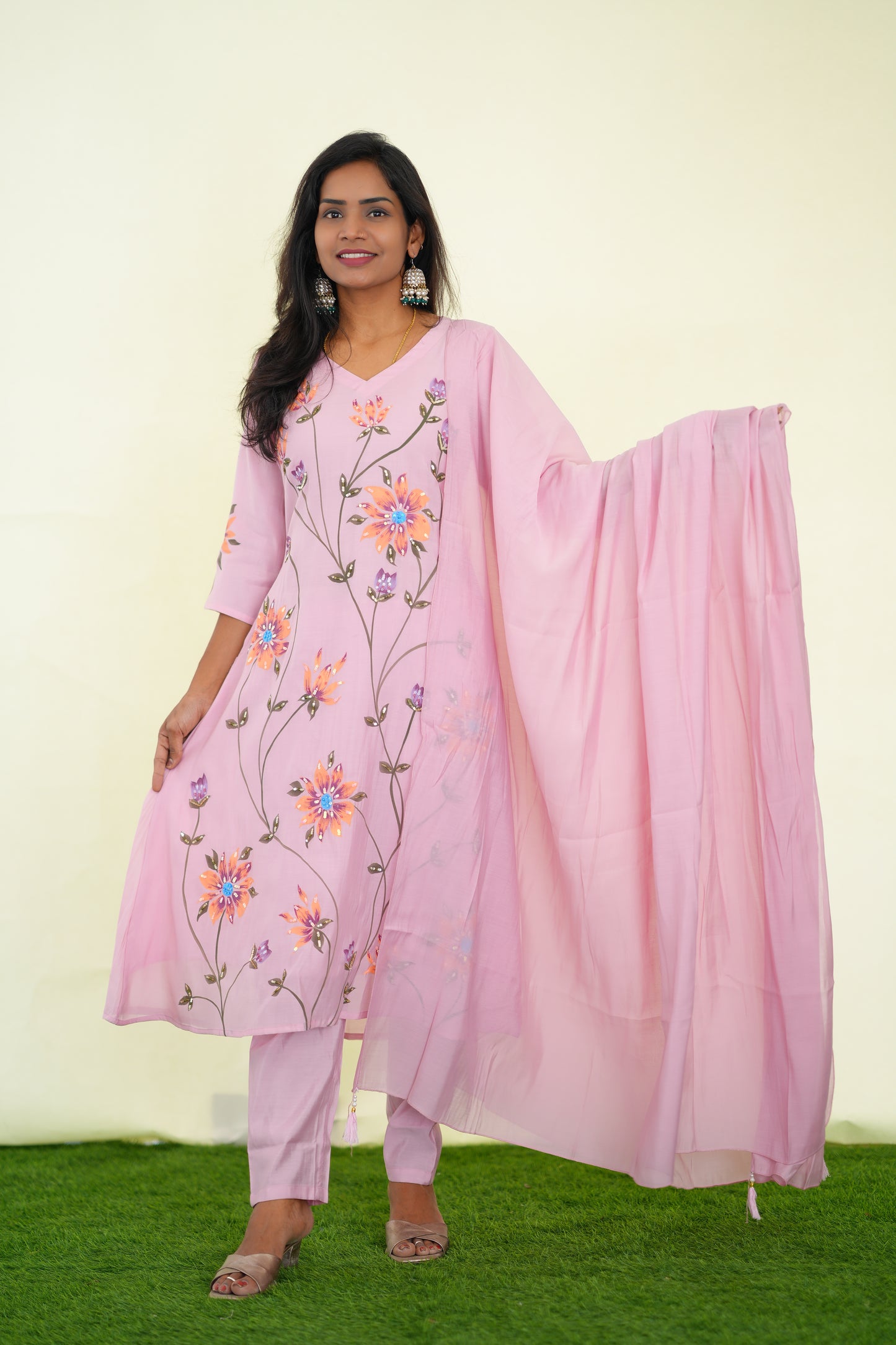 Peach Color Pink Shade Mul chanderi Festive 3 Piece Set With Complete Lining