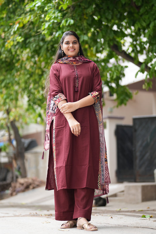 Maroon Color Heavy Jaipur Cotton 3 Piece Set