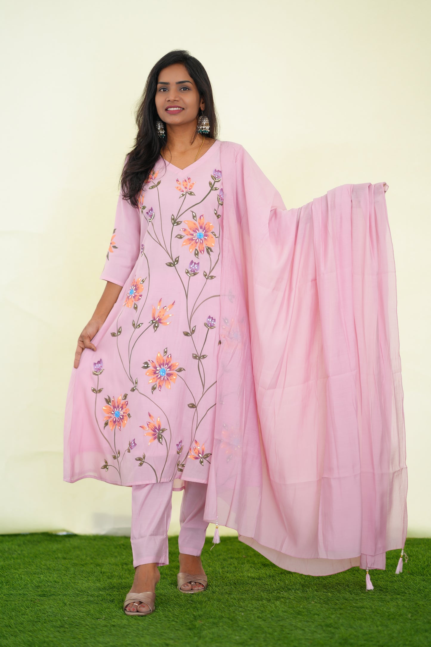Peach Color Pink Shade Mul chanderi Festive 3 Piece Set With Complete Lining