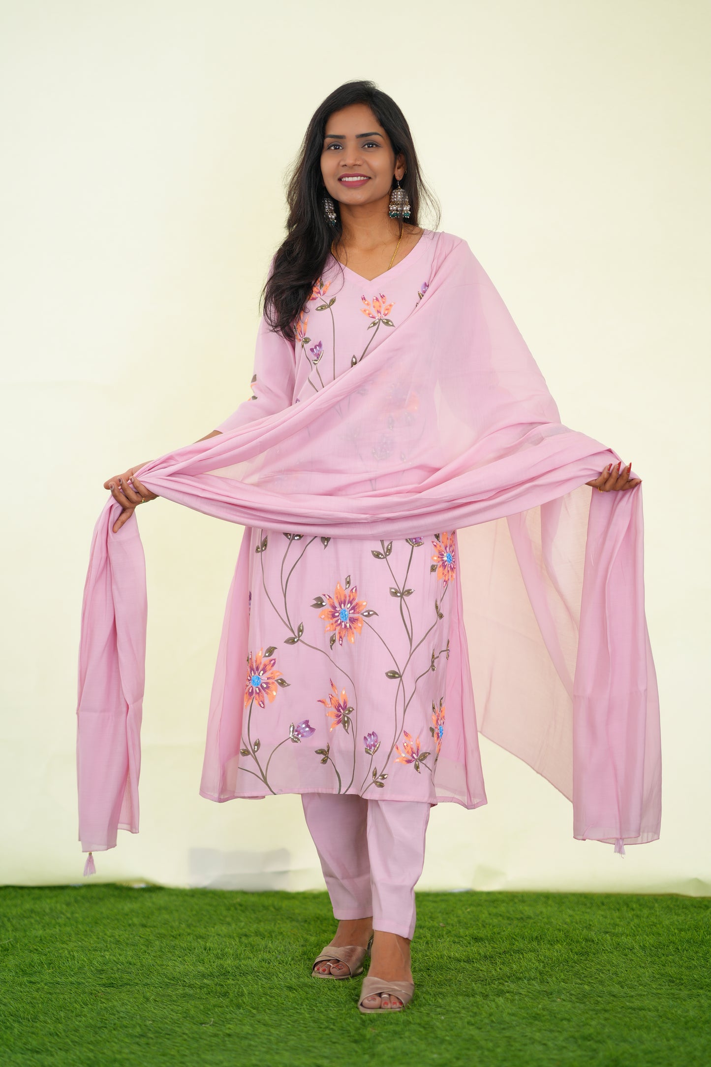 Peach Color Pink Shade Mul chanderi Festive 3 Piece Set With Complete Lining