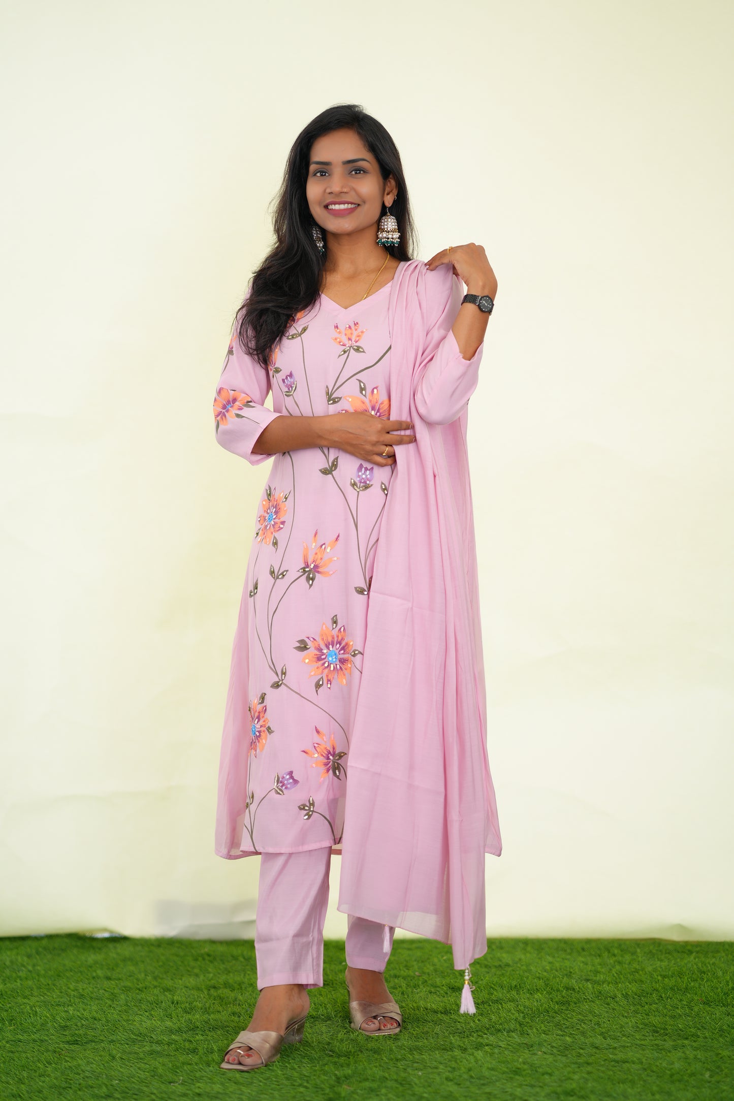 Peach Color Pink Shade Mul chanderi Festive 3 Piece Set With Complete Lining
