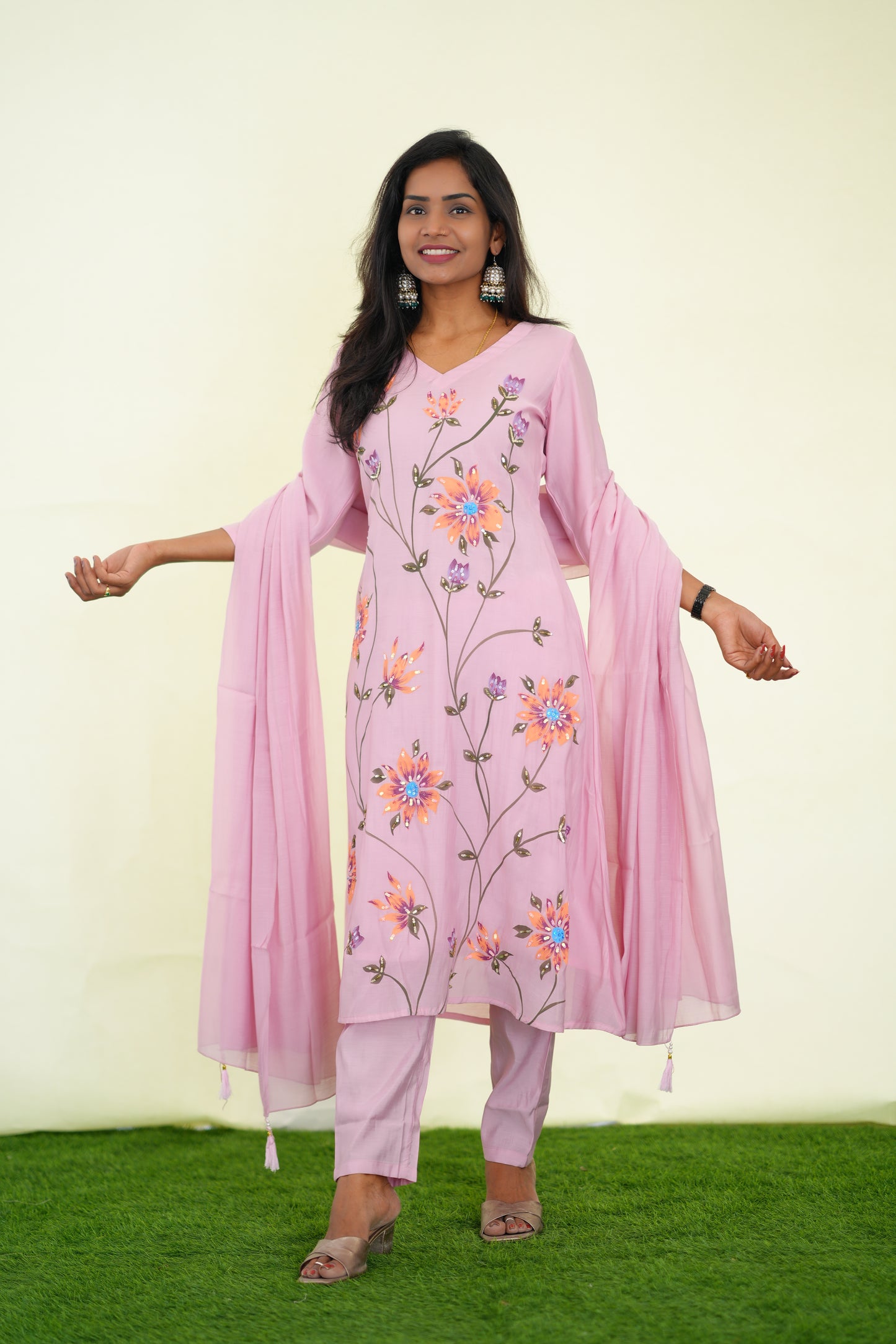 Peach Color Pink Shade Mul chanderi Festive 3 Piece Set With Complete Lining