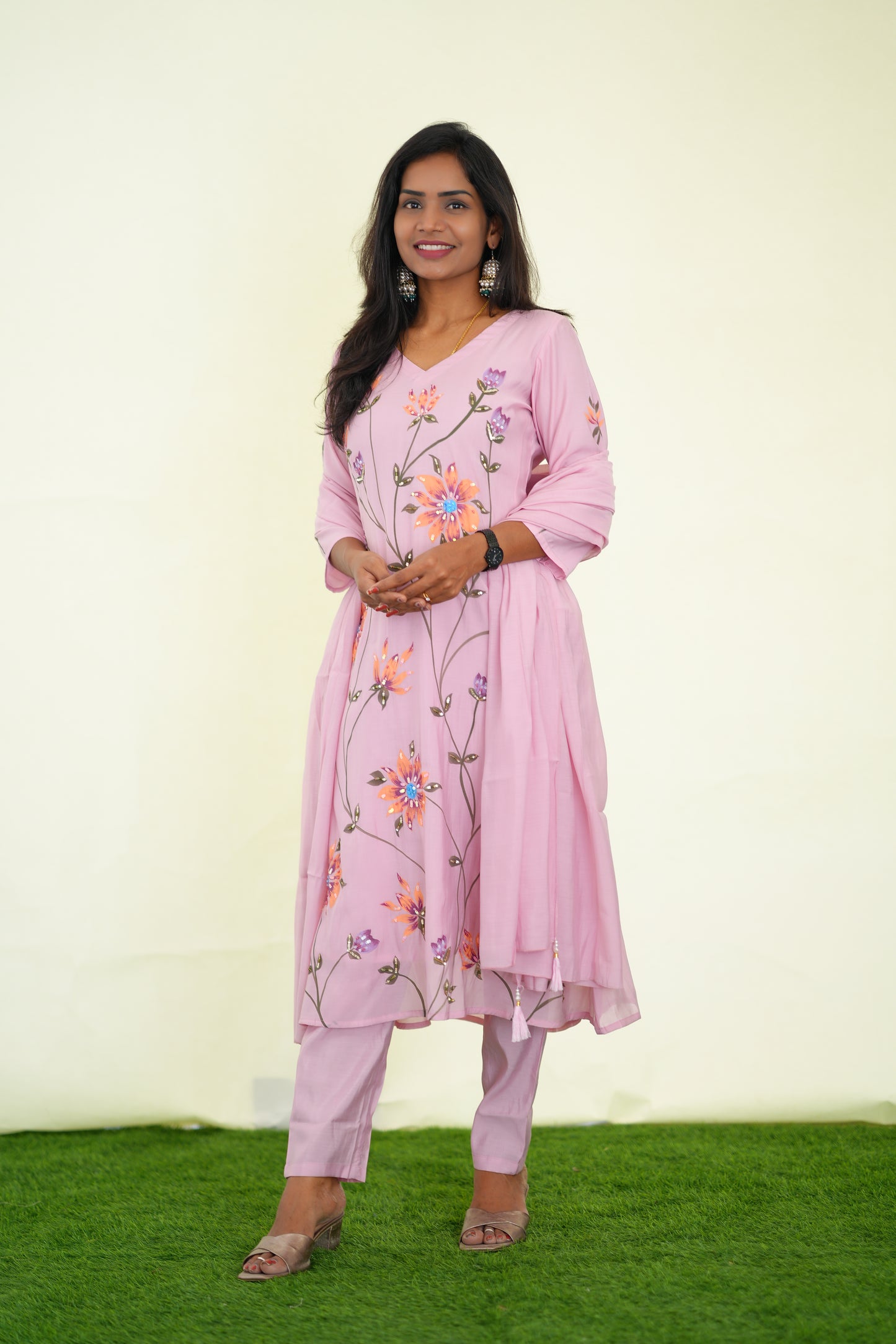 Peach Color Pink Shade Mul chanderi Festive 3 Piece Set With Complete Lining