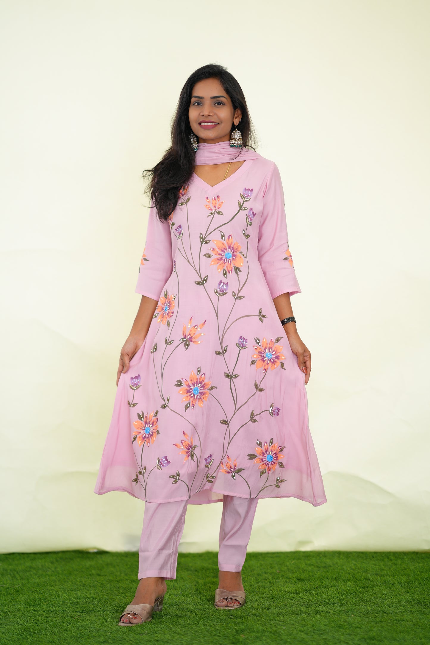 Peach Color Pink Shade Mul chanderi Festive 3 Piece Set With Complete Lining