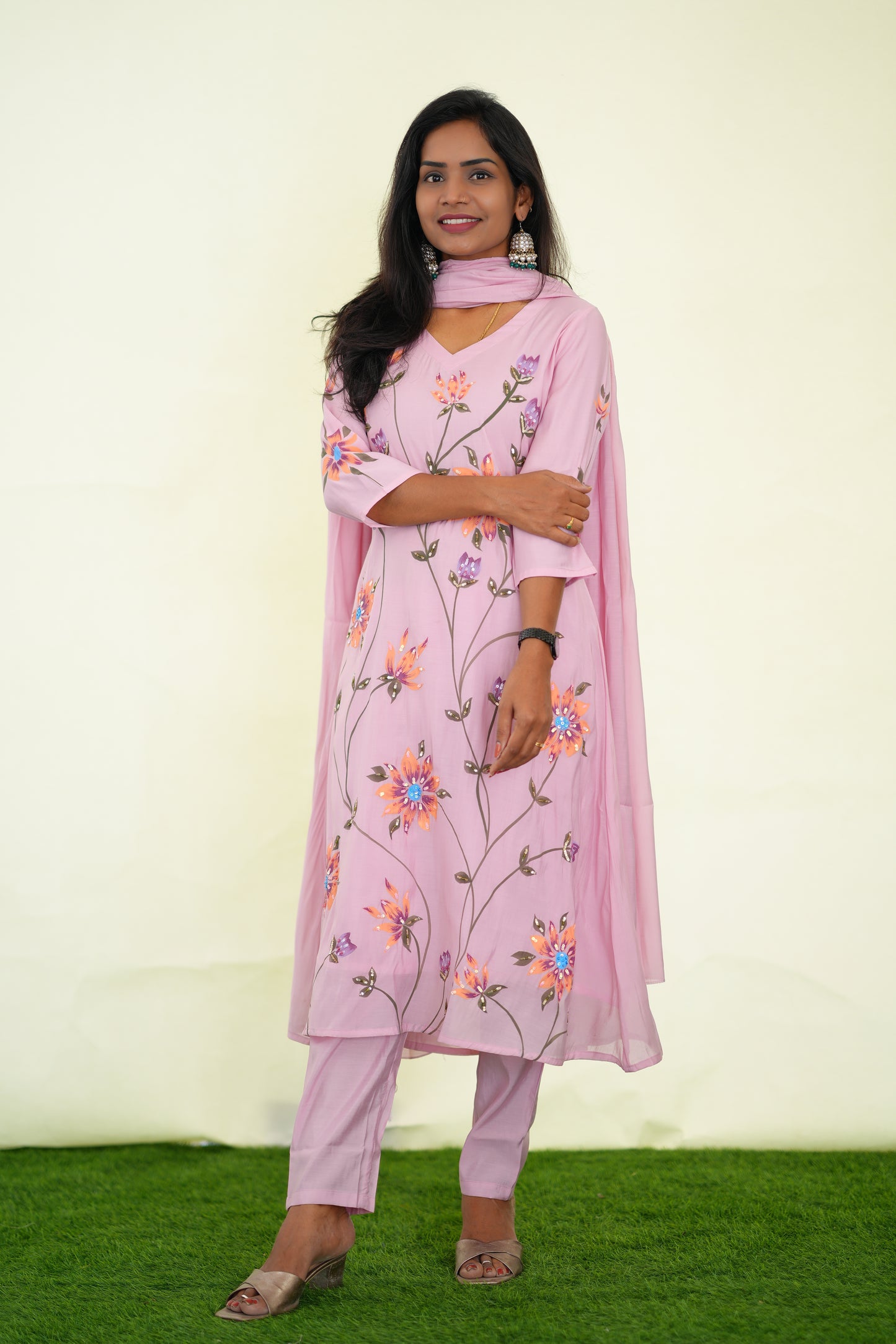 Peach Color Pink Shade Mul chanderi Festive 3 Piece Set With Complete Lining