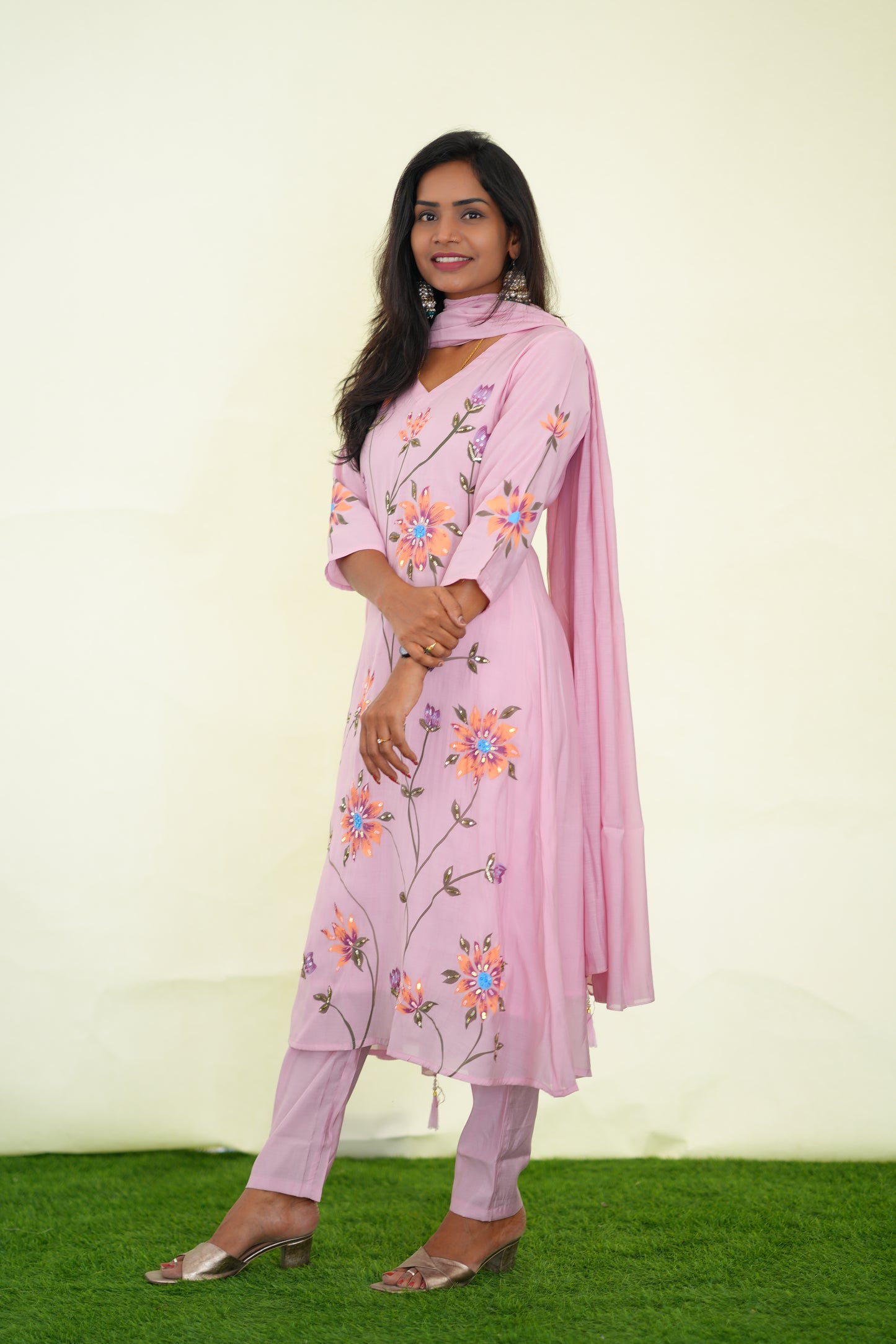 Peach Color Pink Shade Mul chanderi Festive 3 Piece Set With Complete Lining