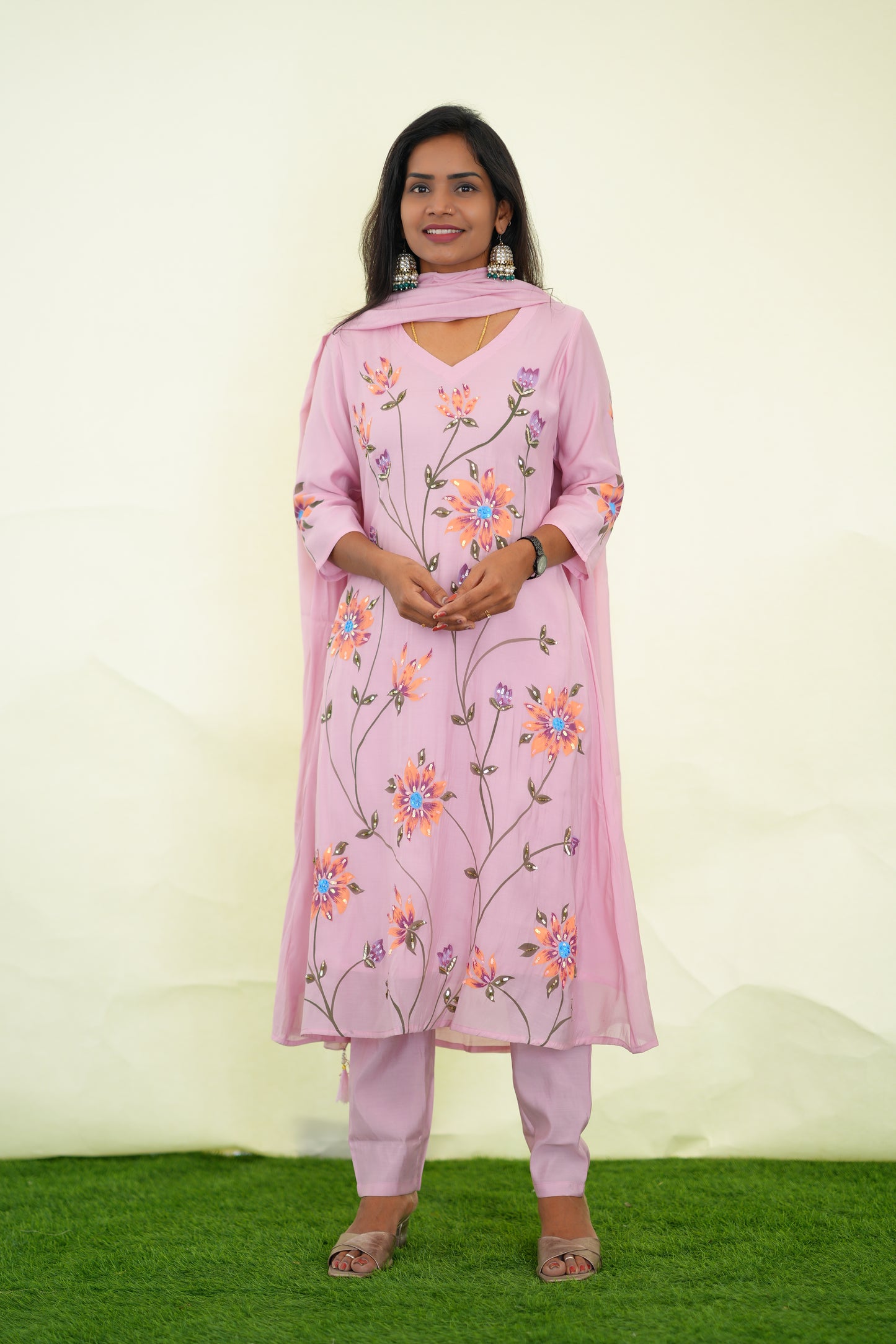 Peach Color Pink Shade Mul chanderi Festive 3 Piece Set With Complete Lining