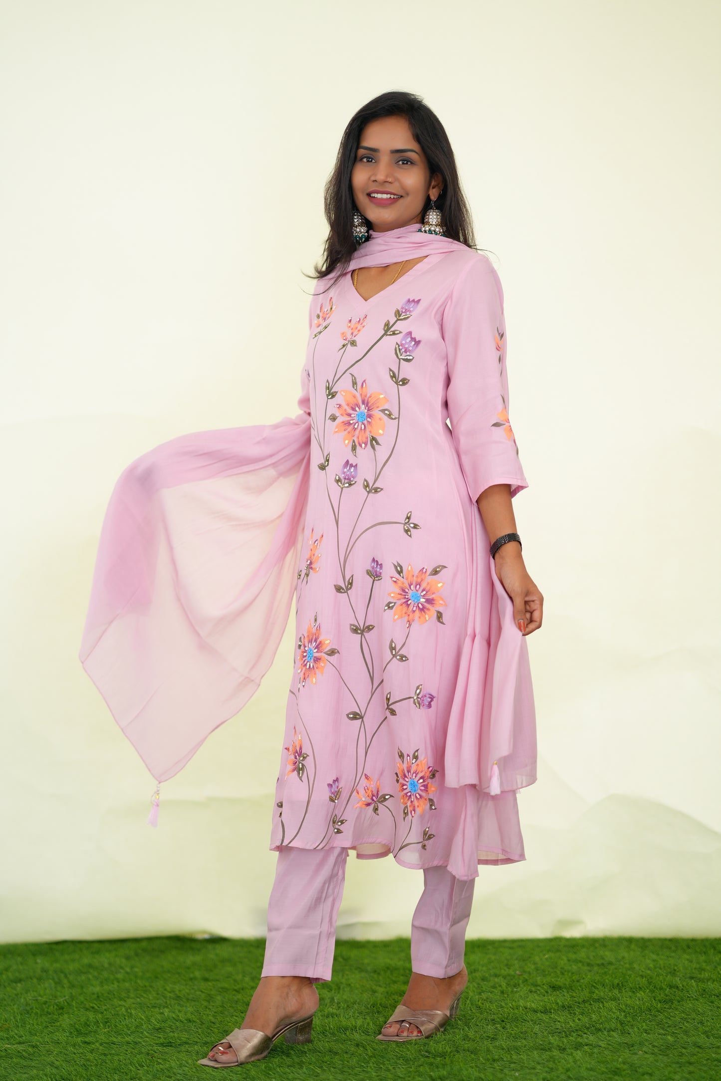 Peach Color Pink Shade Mul chanderi Festive 3 Piece Set With Complete Lining