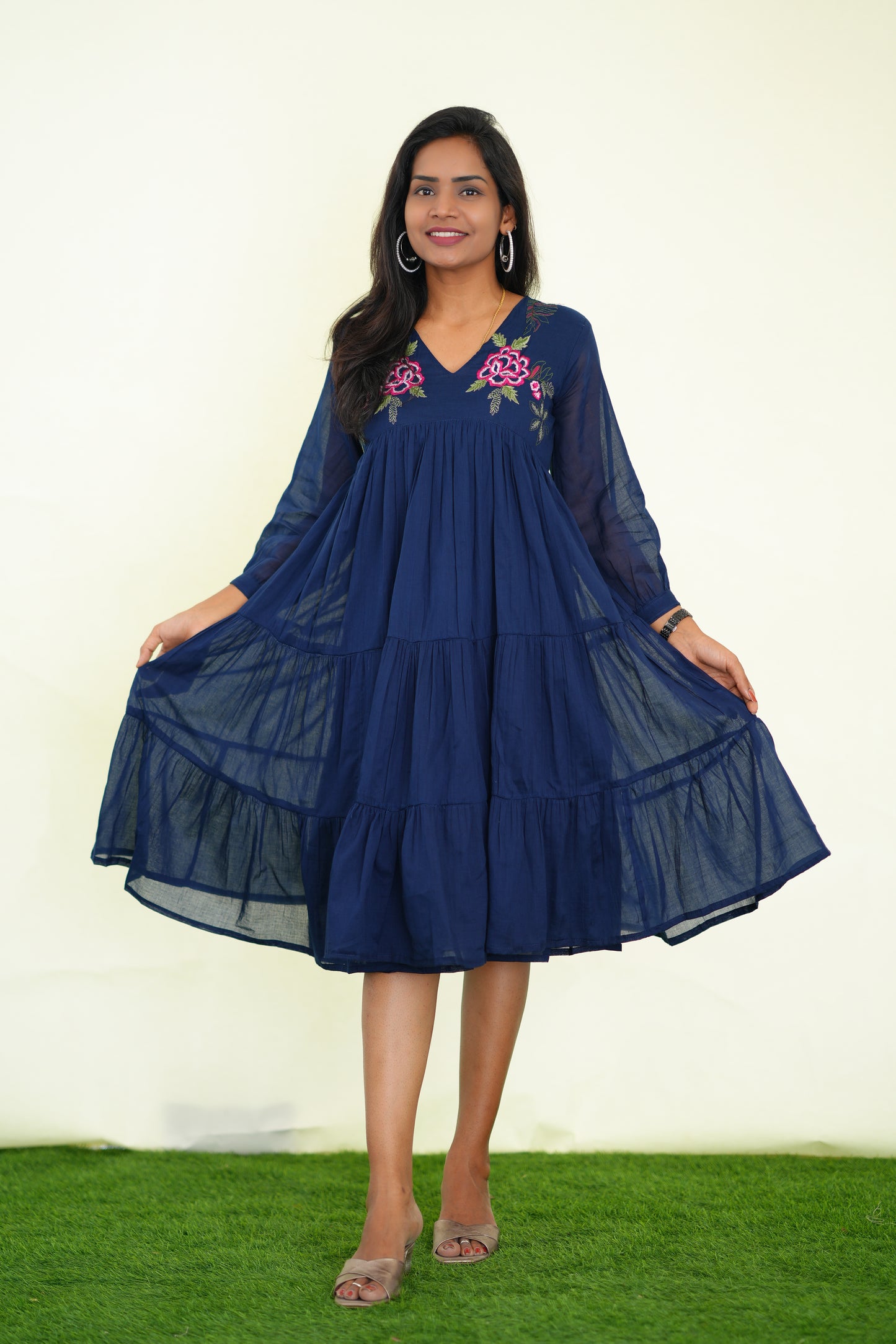 Blue Mul Cotton Frock With Embroidery work and Complete Lining