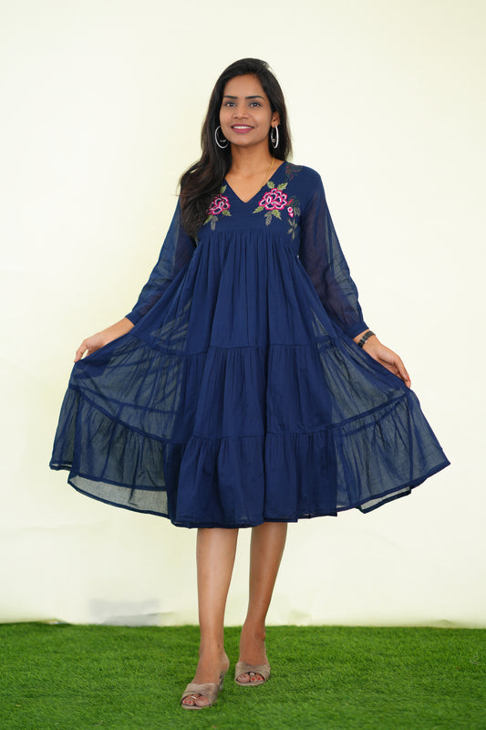 Blue Mul Cotton Frock With Embroidery work and Complete Lining