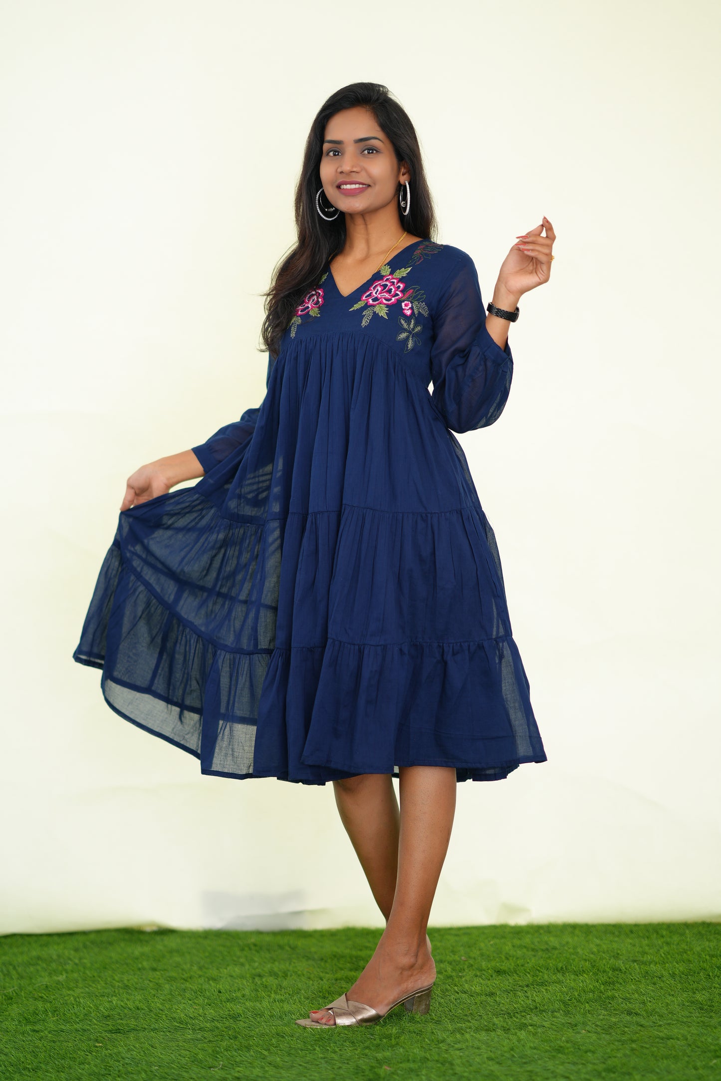 Blue Mul Cotton Frock With Embroidery work and Complete Lining