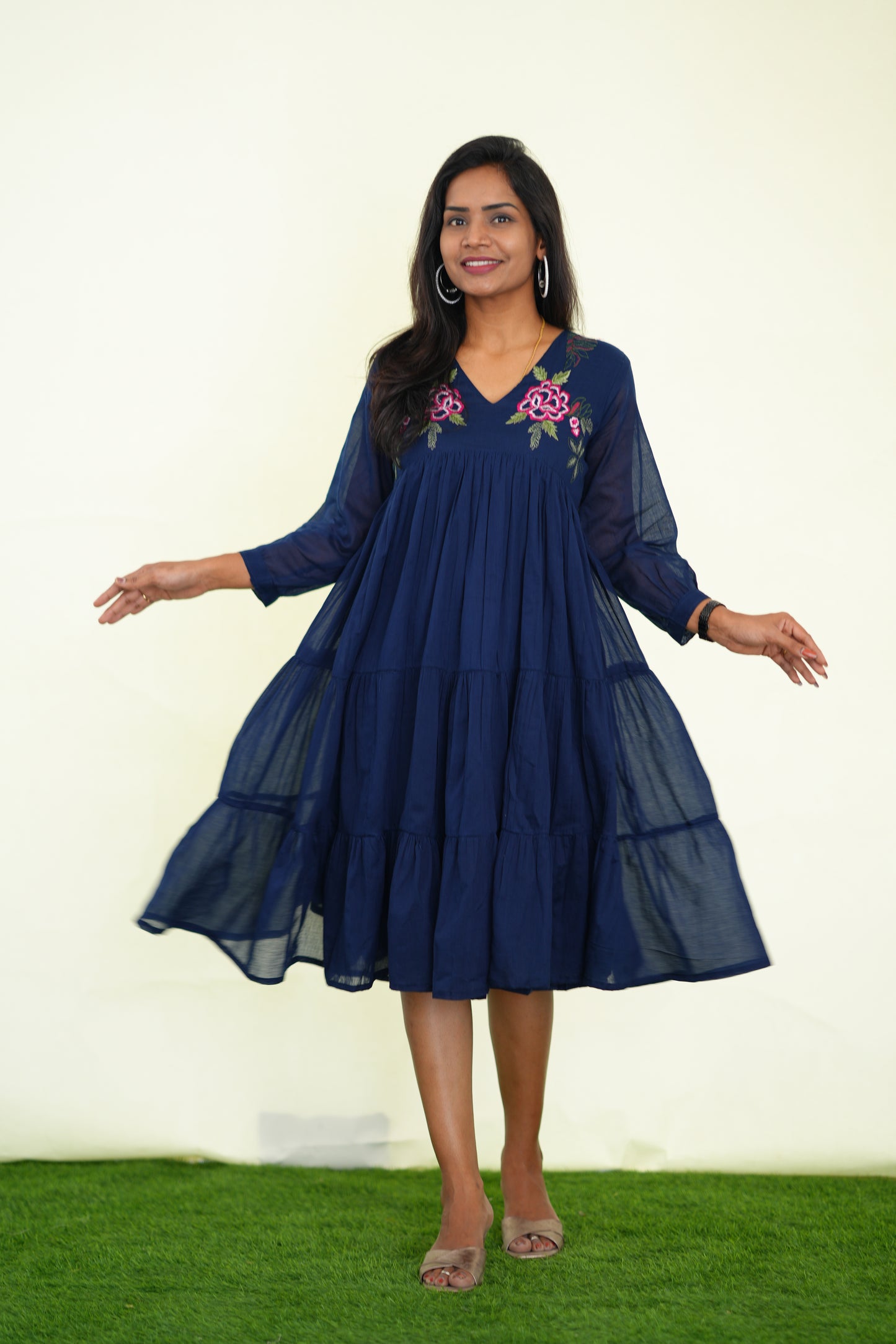 Blue Mul Cotton Frock With Embroidery work and Complete Lining