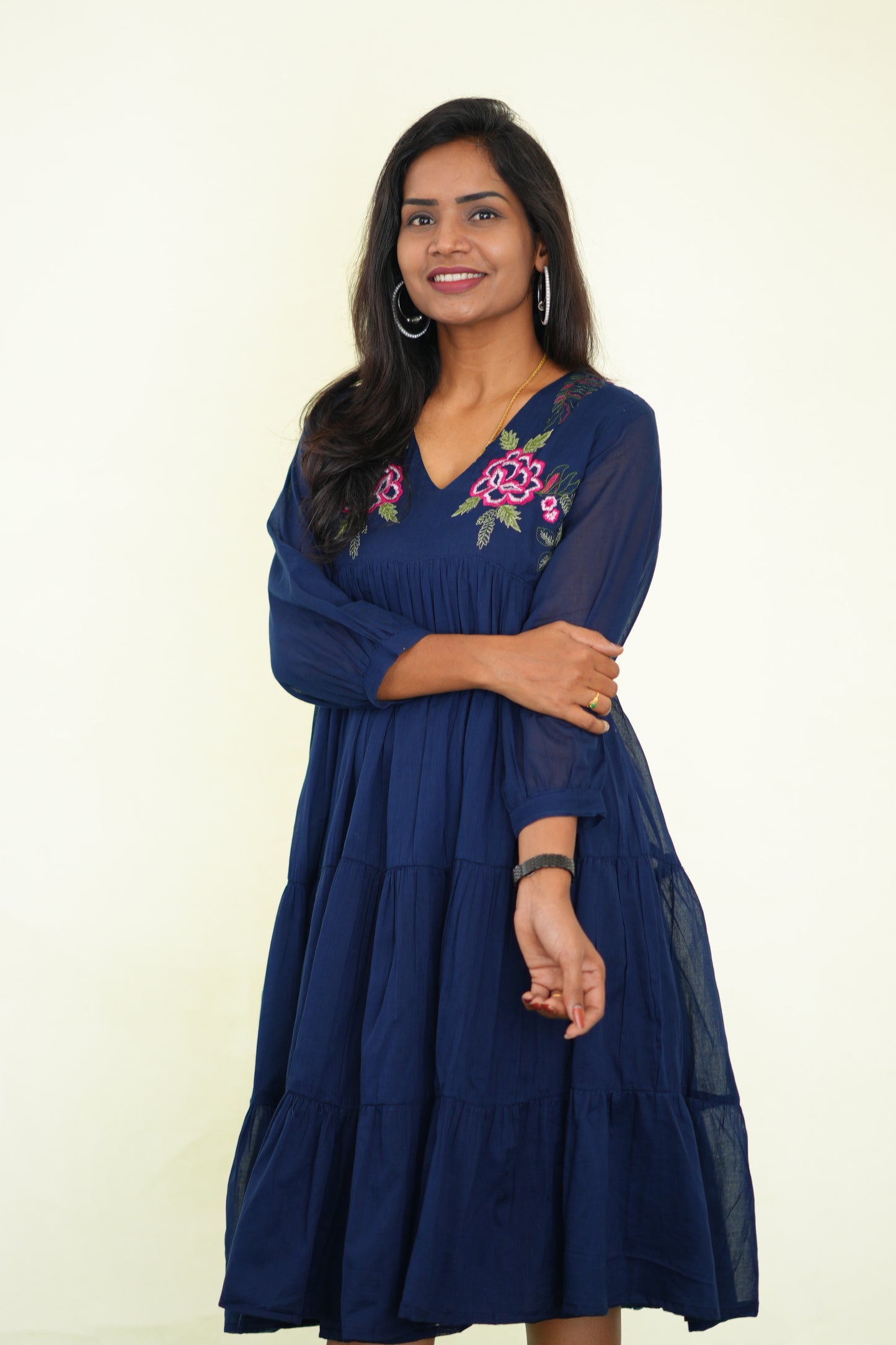 Blue Mul Cotton Frock With Embroidery work and Complete Lining