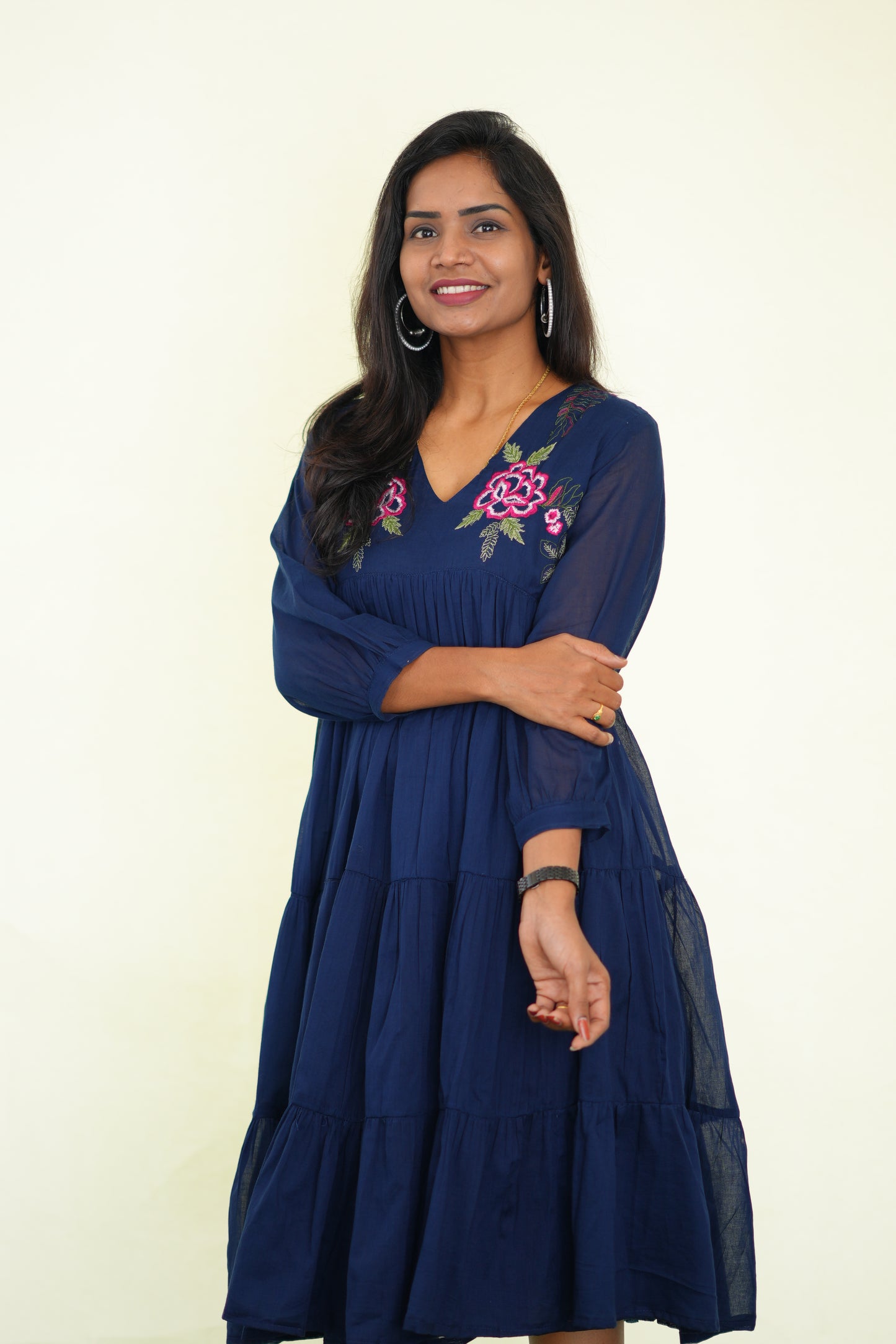 Blue Mul Cotton Frock With Embroidery work and Complete Lining