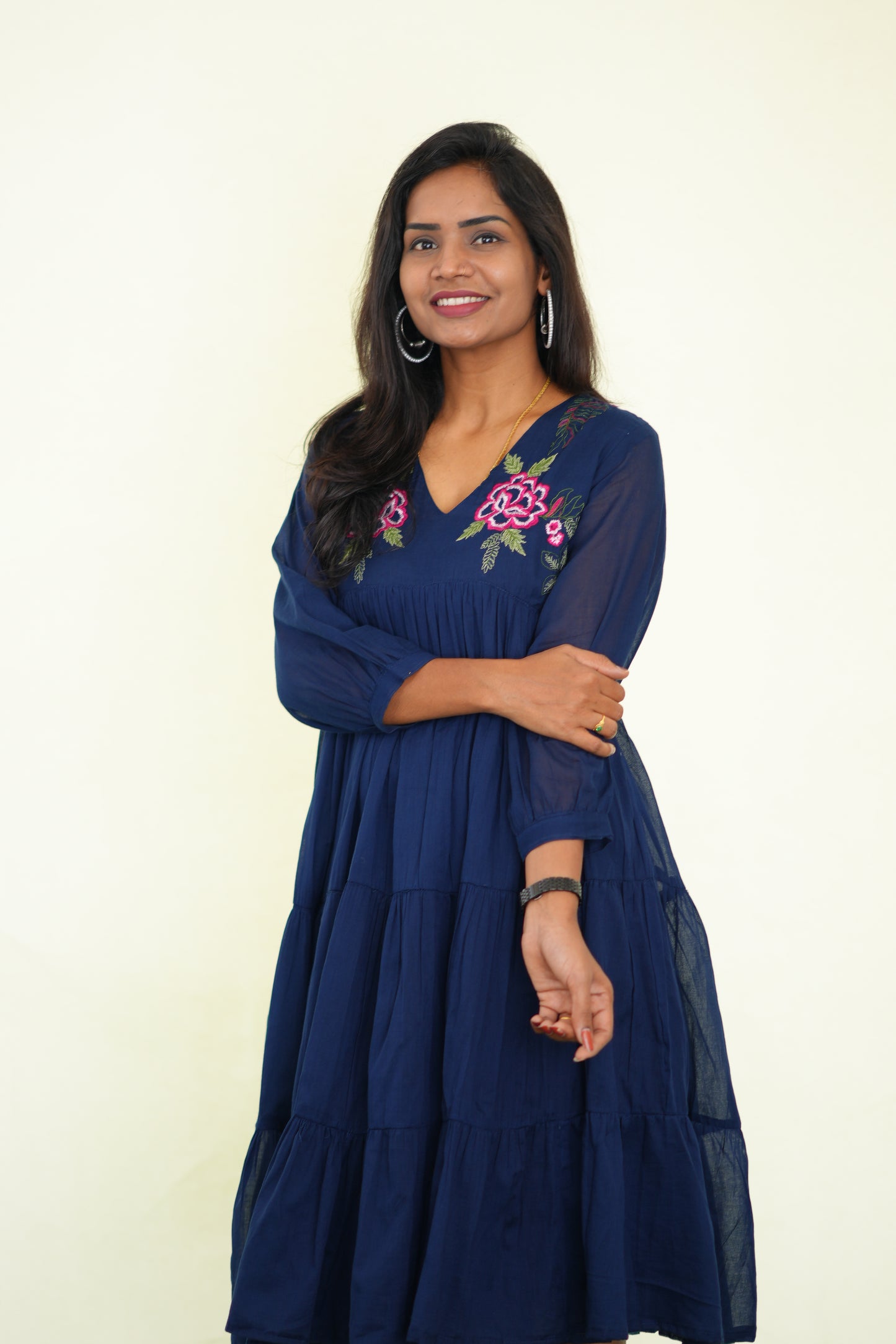 Blue Mul Cotton Frock With Embroidery work and Complete Lining