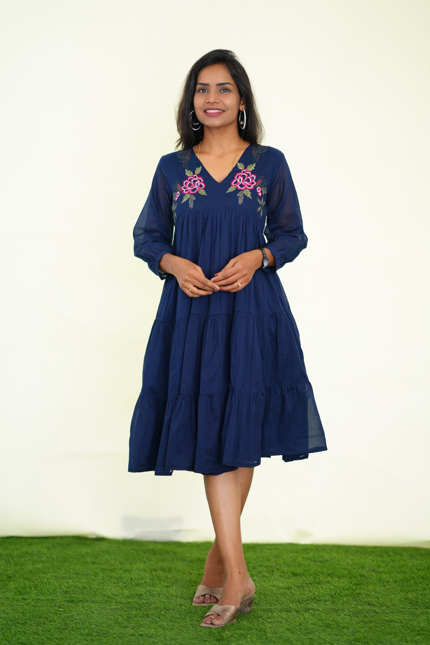 Blue Mul Cotton Frock With Embroidery work and Complete Lining