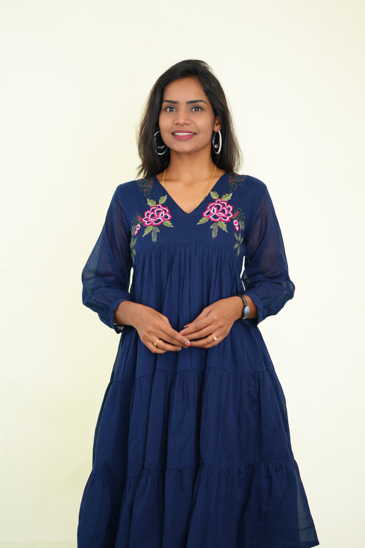 Blue Mul Cotton Frock With Embroidery work and Complete Lining