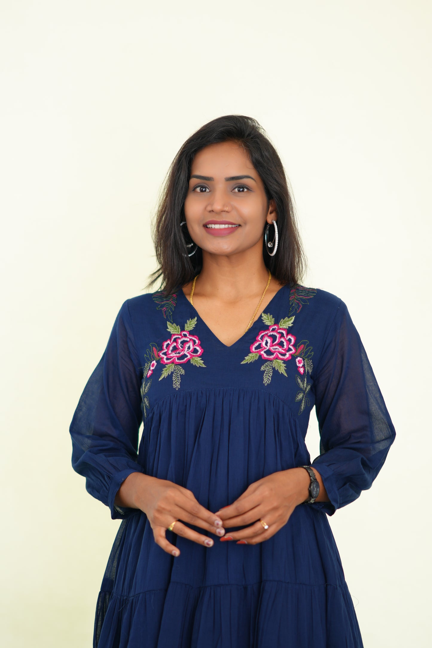 Blue Mul Cotton Frock With Embroidery work and Complete Lining