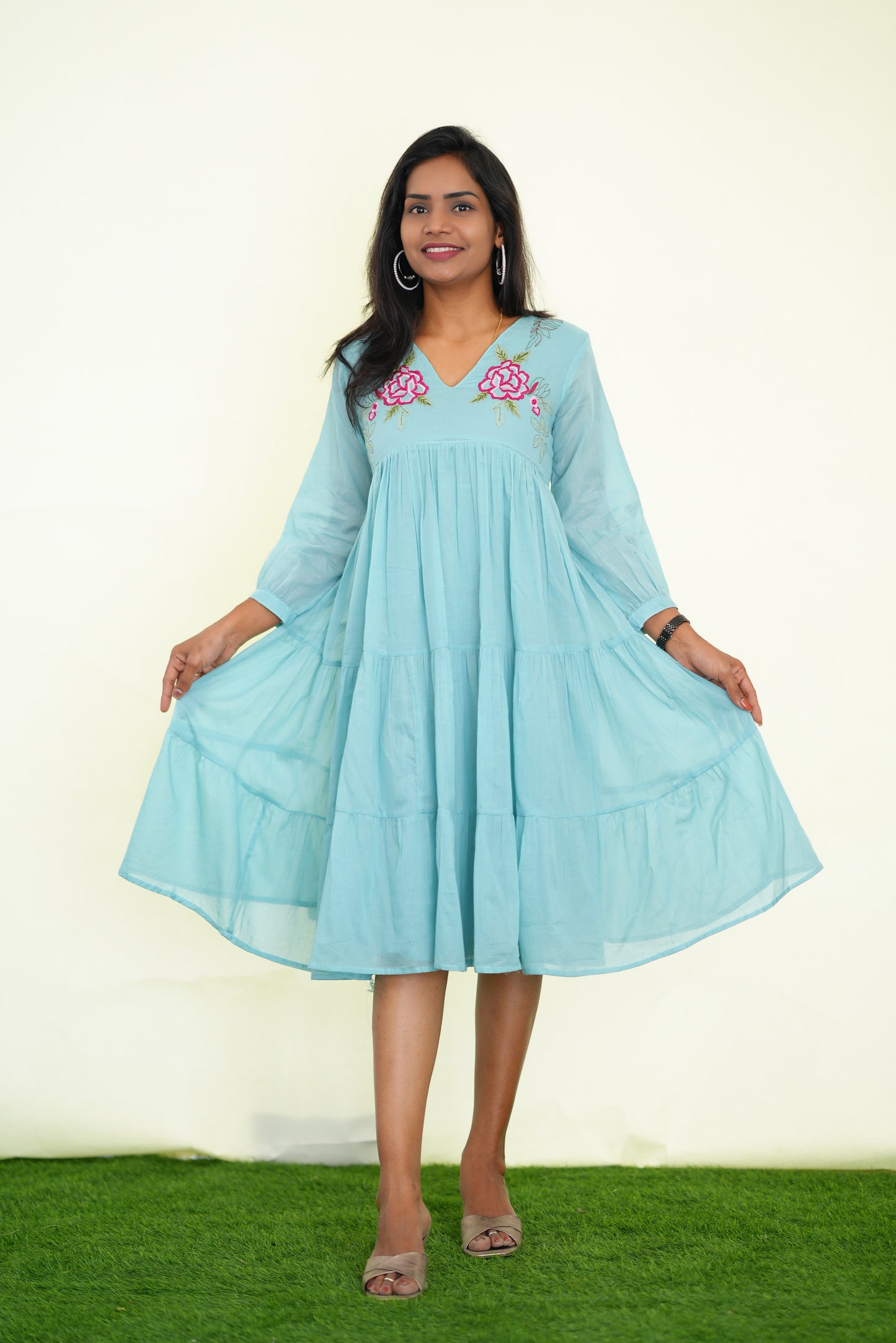 Sky Blue Mul Cotton Frock With Embroidery work and Complete Lining