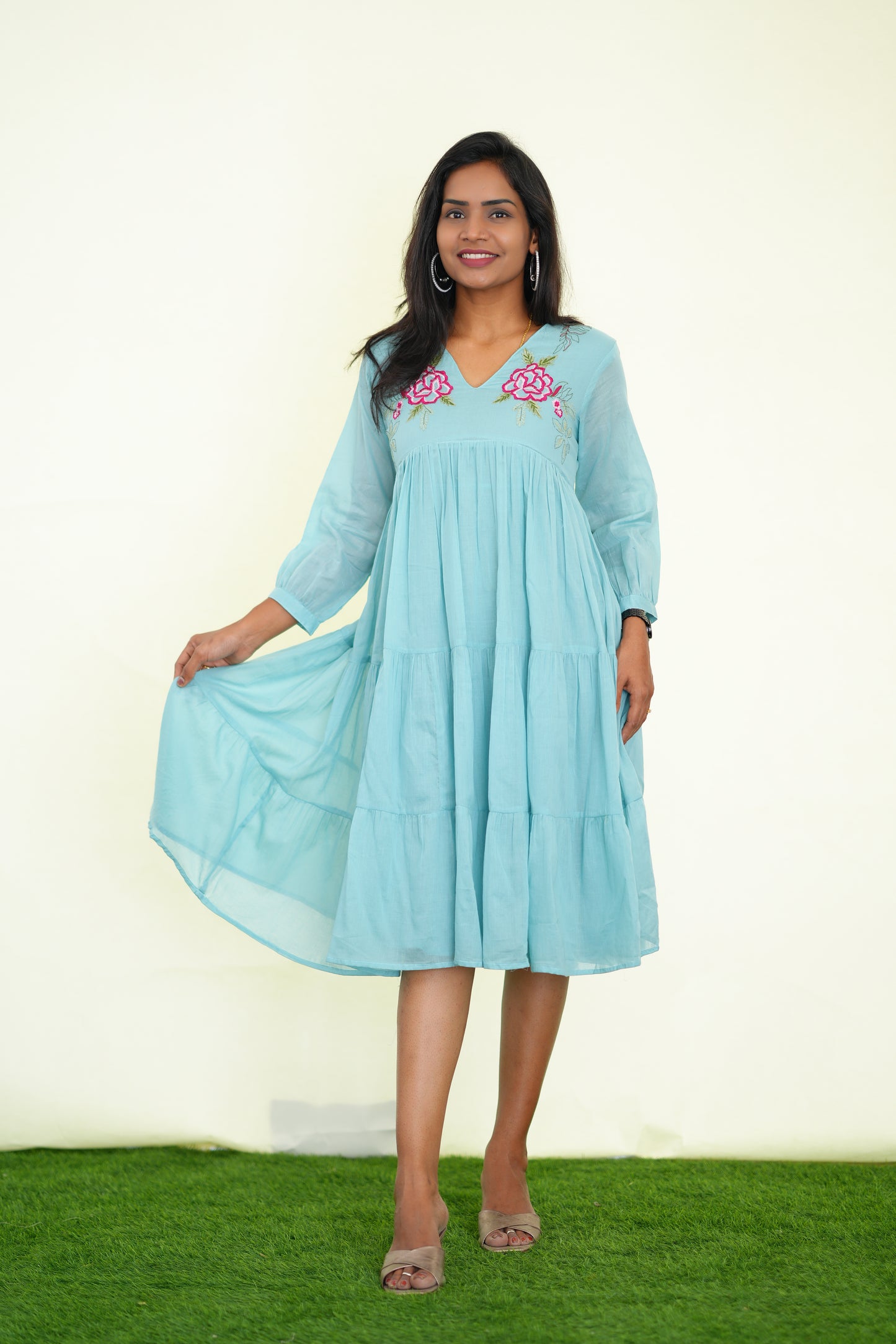 Sky Blue Mul Cotton Frock With Embroidery work and Complete Lining