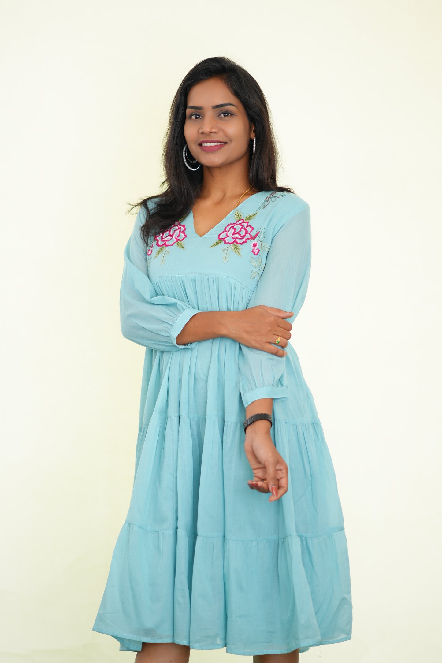 Sky Blue Mul Cotton Frock With Embroidery work and Complete Lining
