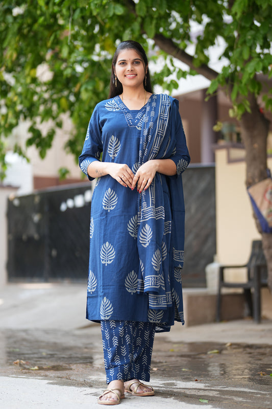 Blue Color Straight Cut V Neck Cotton 3 Piece Set
