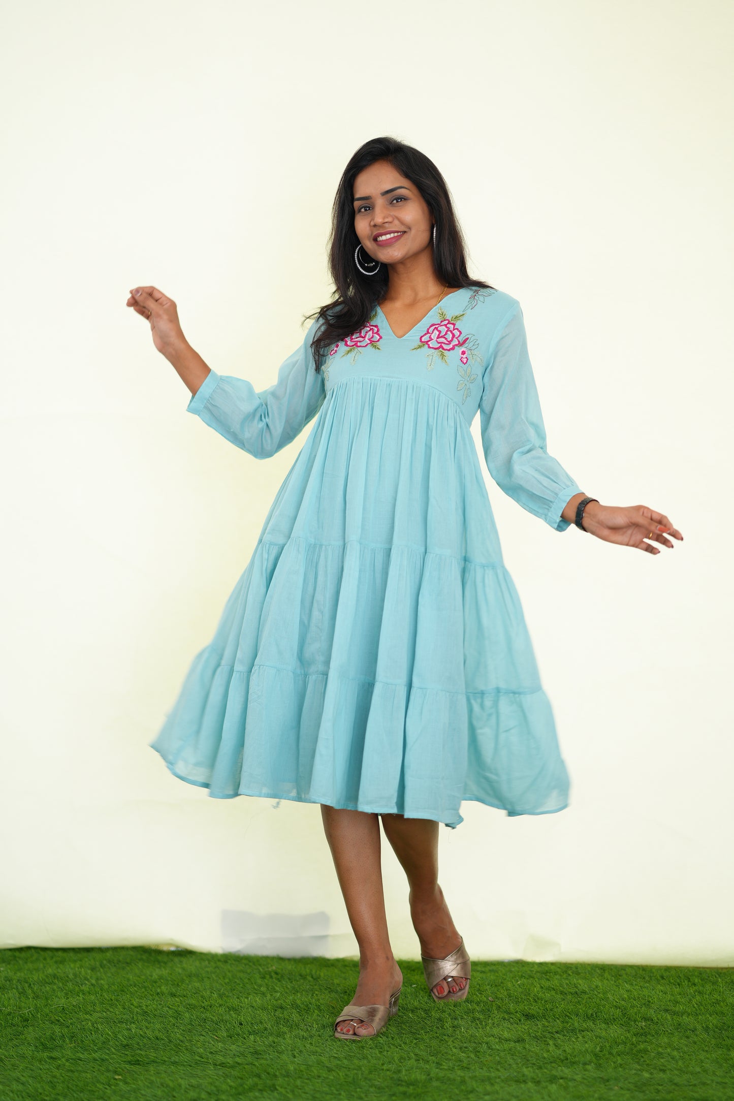 Sky Blue Mul Cotton Frock With Embroidery work and Complete Lining
