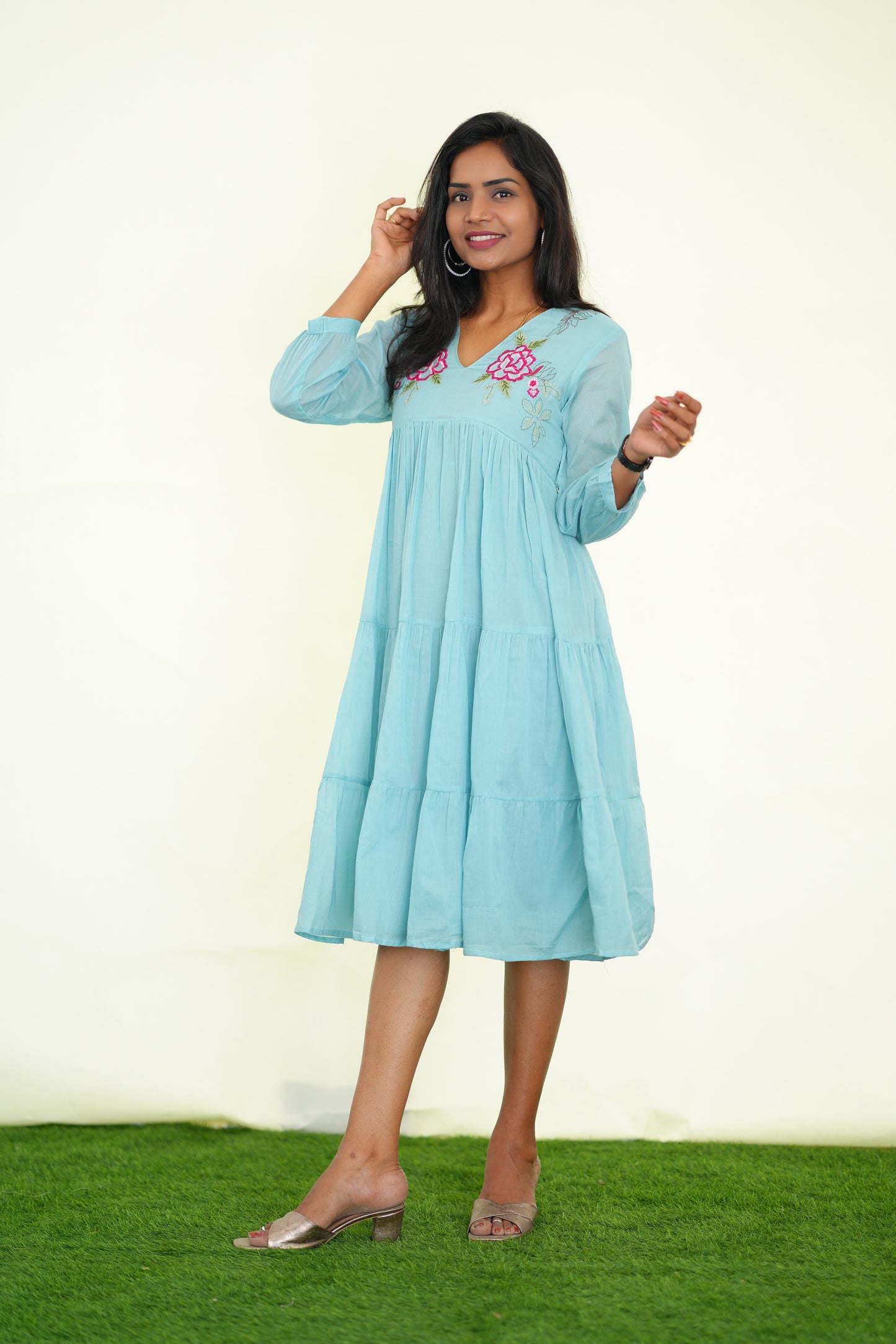 Sky Blue Mul Cotton Frock With Embroidery work and Complete Lining