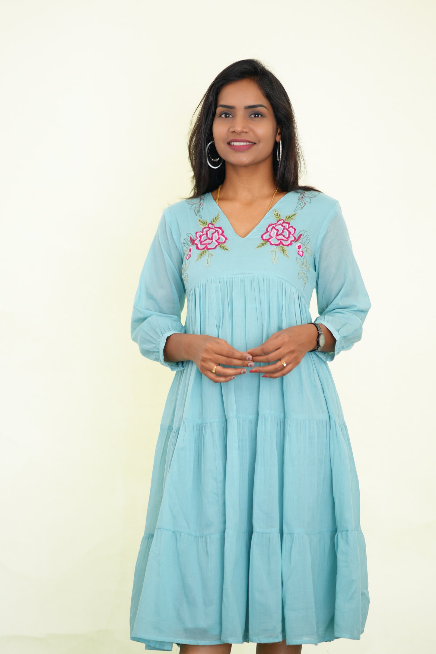 Sky Blue Mul Cotton Frock With Embroidery work and Complete Lining