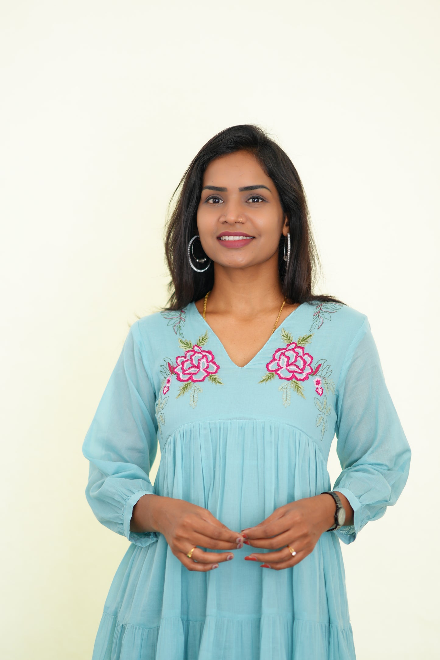 Sky Blue Mul Cotton Frock With Embroidery work and Complete Lining