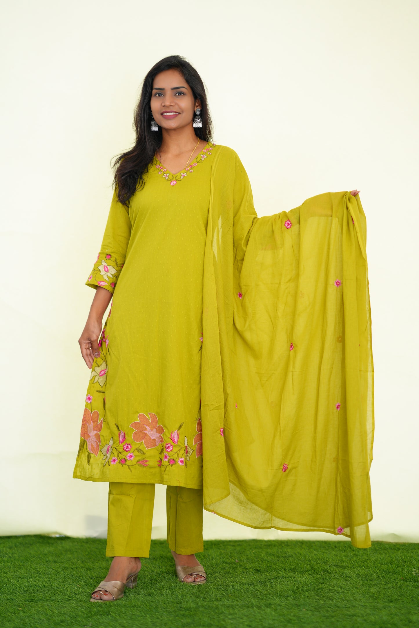Yellow Mul Cotton 3 Piece Set With Shree ram Buta embroidery Work and Complete Lining
