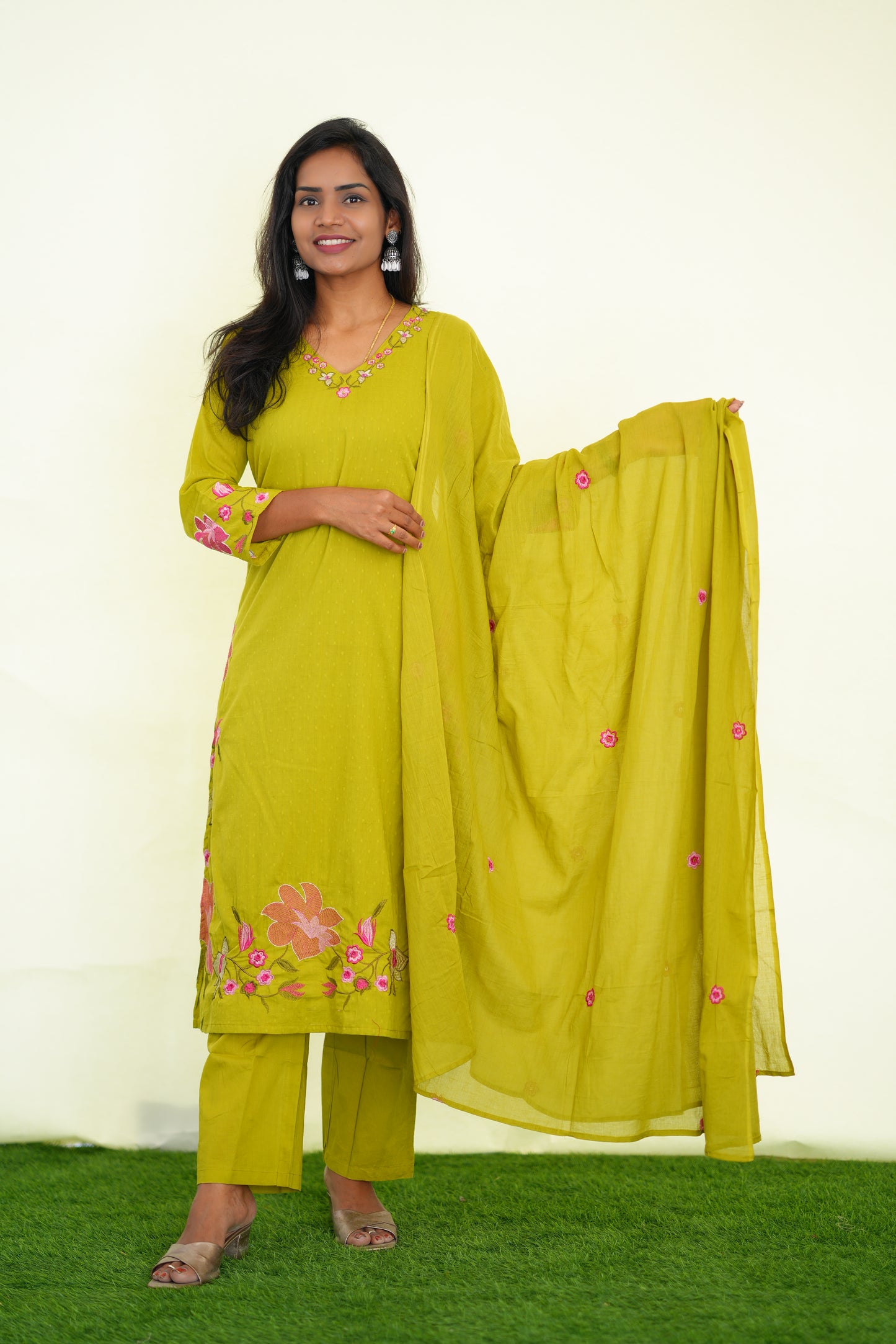 Yellow Mul Cotton 3 Piece Set With Shree ram Buta embroidery Work and Complete Lining