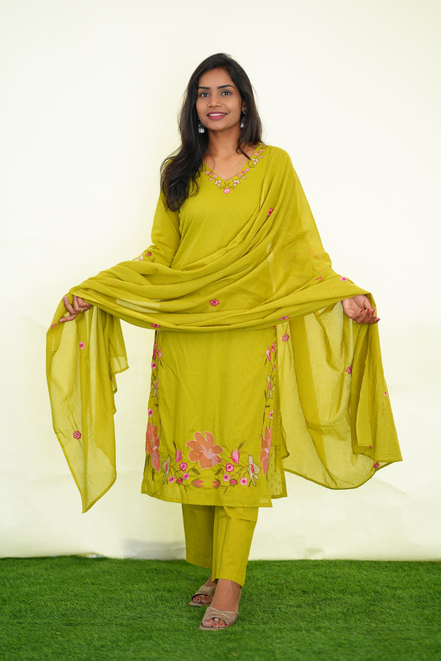 Yellow Mul Cotton 3 Piece Set With Shree ram Buta embroidery Work and Complete Lining